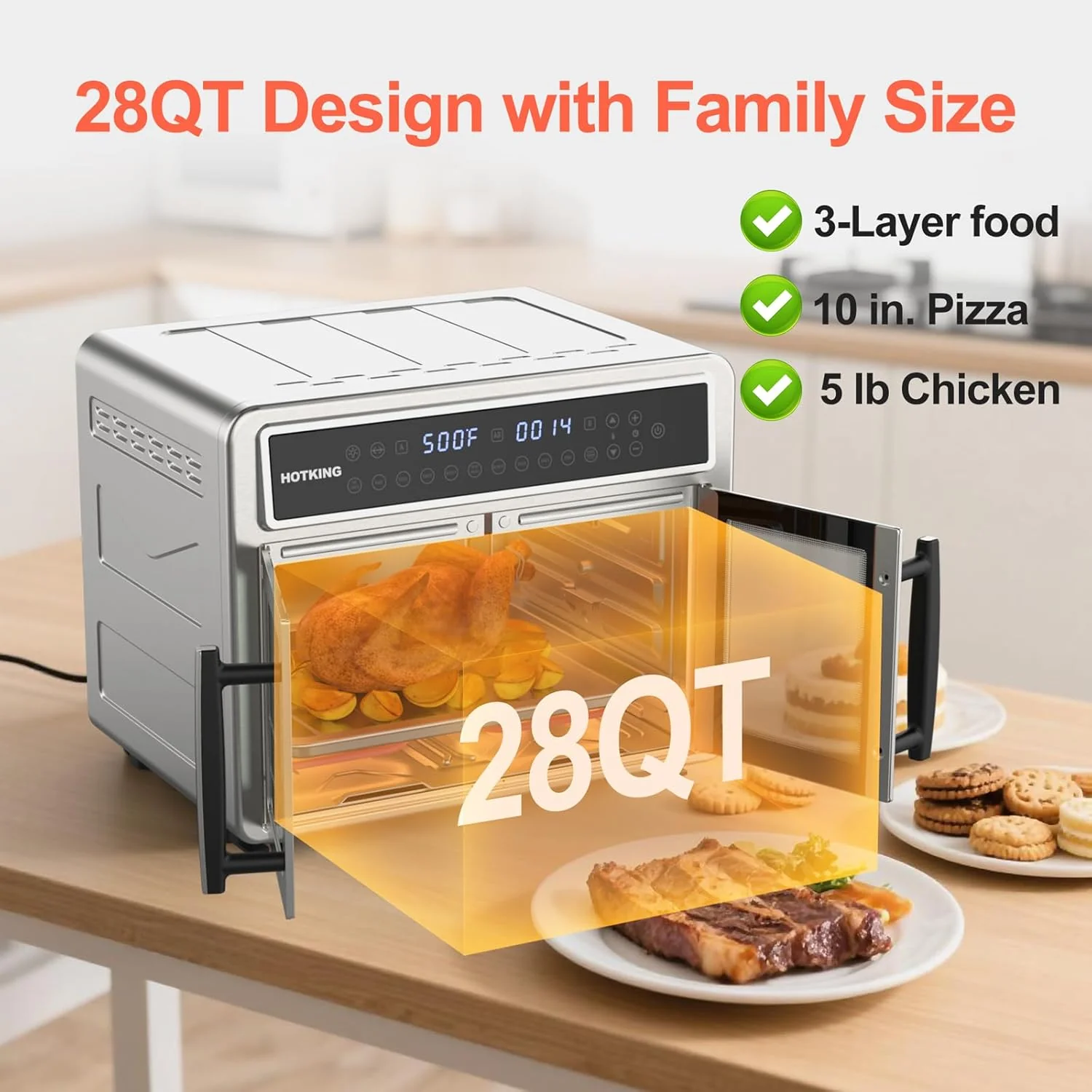 HotKing Dual-Zone Air Fryer Toaster Oven Combo, 28 QT Extra Large, Non Toxic Stainless Steel