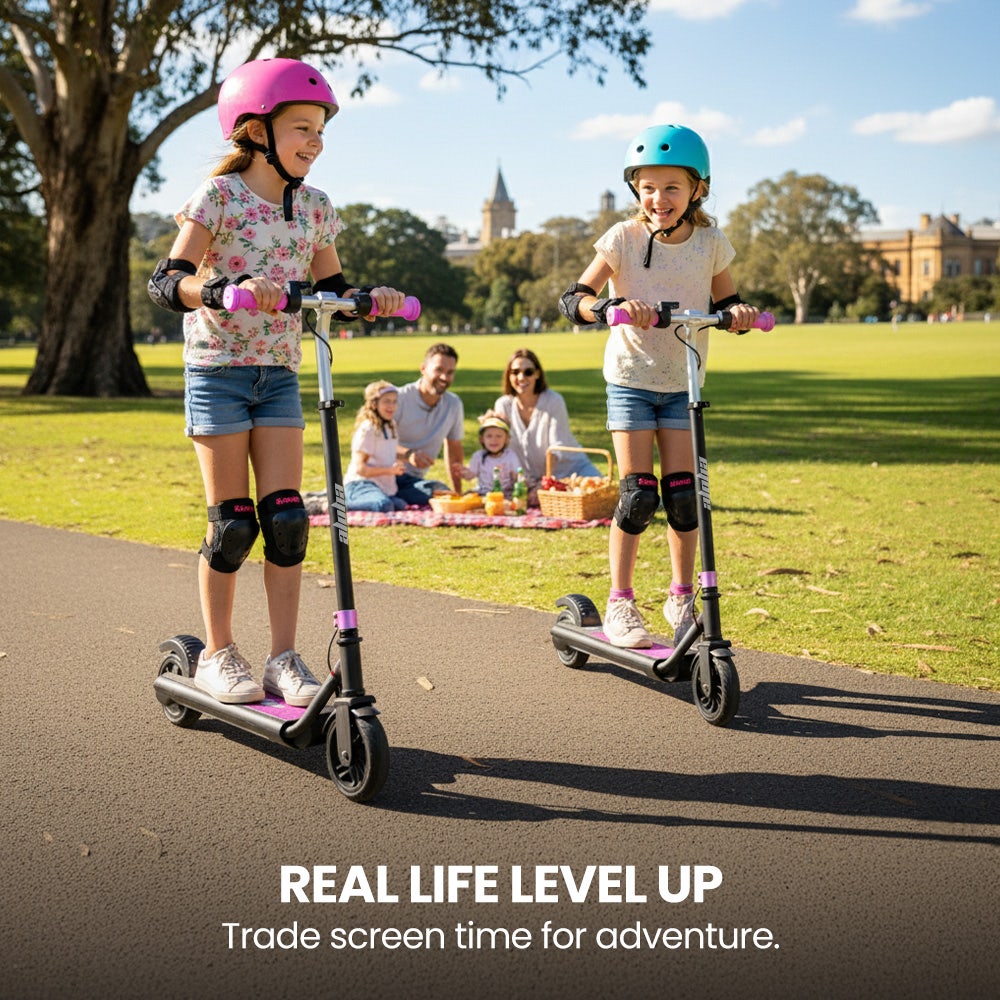 ALPHA Edge Electric Scooter Kids/Teens, 16km/h Max, Adjustable Height, UL Certified, AU Compliant, Dual Brakes, Bluetooth Music, LED, Pink