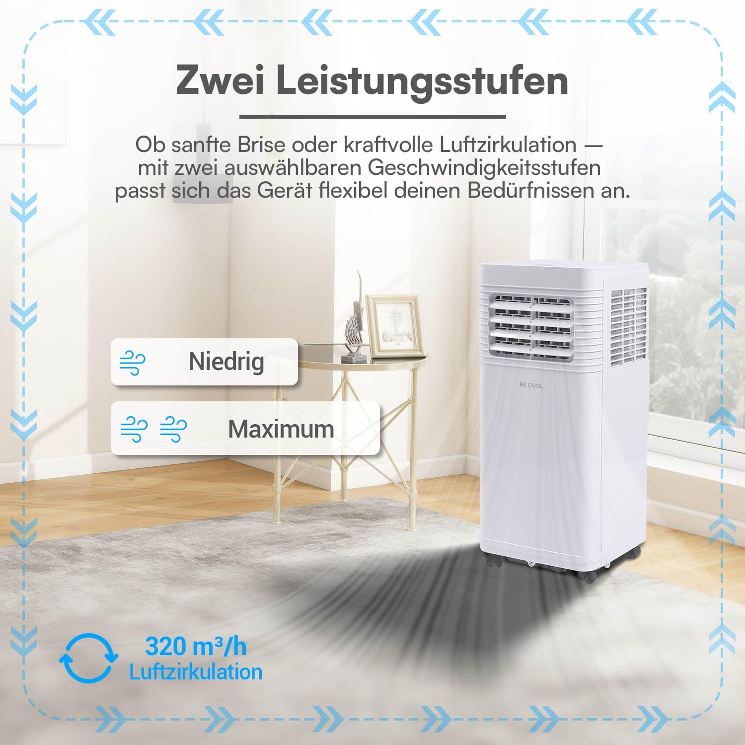 BE COOL Mobiles Klimagerät 7000 BTU mit WLAN, 3in1 Klimaanlage zum Kühlen, Entfeuchten & Lüften, für Räume bis 24 m², Fernbedienung, Timer, Schlafmodus, Energieklasse A, Weiß