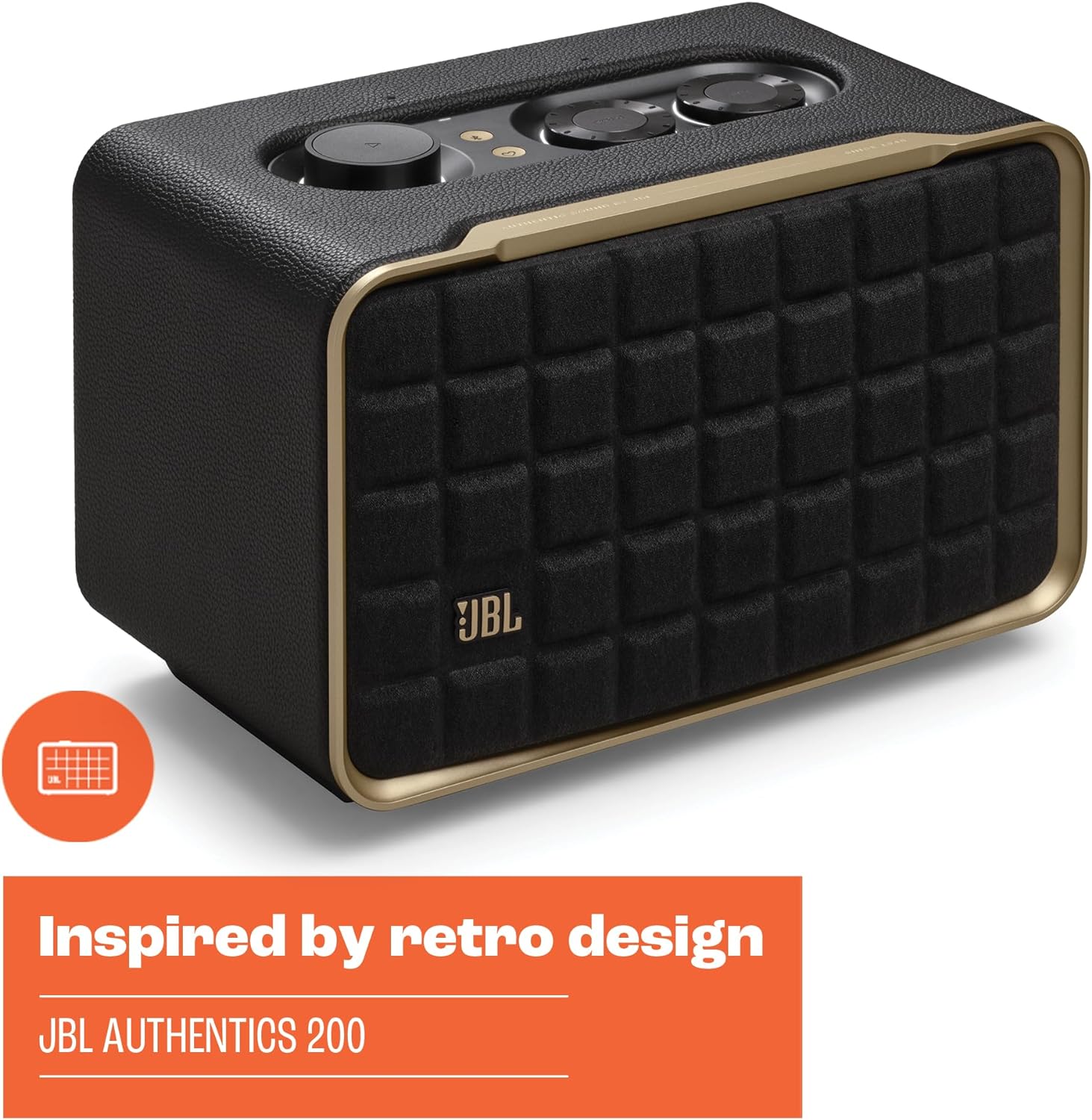 JBL Authentics 200 Smart Home Lautsprecher – 70er Jahre Retro-Design Bluetooth Box – Mit Quadrex Grill, Google Assistant, Alexa, AirPlay und JBL One App – Schwarz