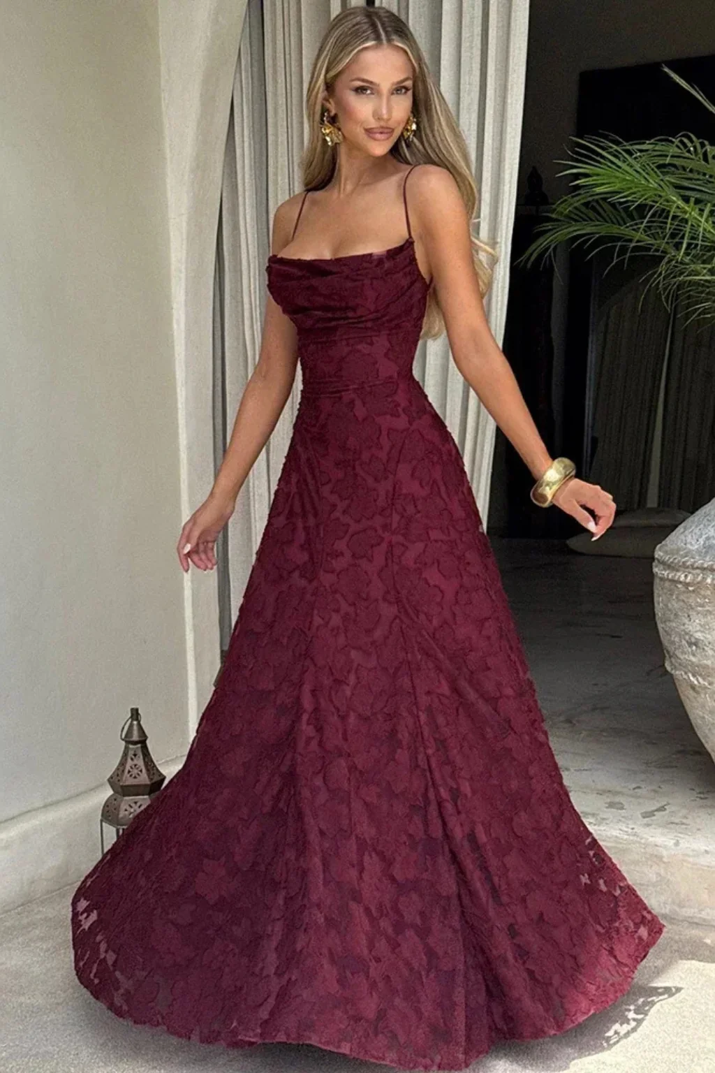 Damen Maxikleid mit Spaghetti-Tr?gern und Blumen-Jacquard | R��ckenfreies Abendkleid mit Schn��rung f��r festliche Anl?sse