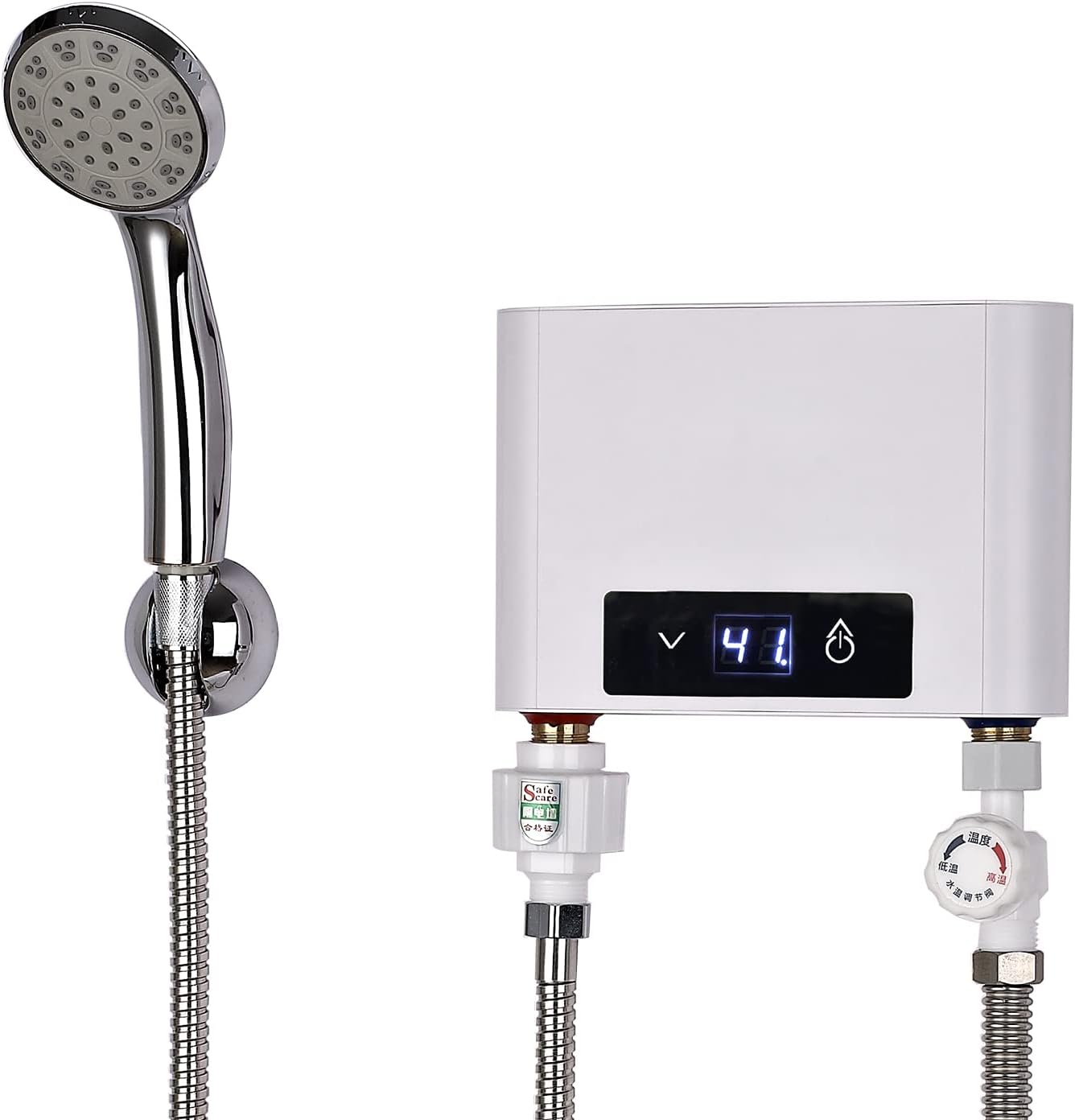 Elektronischer Durchlauferhitze Dusche, 220V elektrische Warmwasserbereiter Temperaturwahl 30-52 °C mit Bad Dusche Kit, für Handwaschbecken, Küche, Bad, Waschbecken (5500W mit Duschset, Weiß)