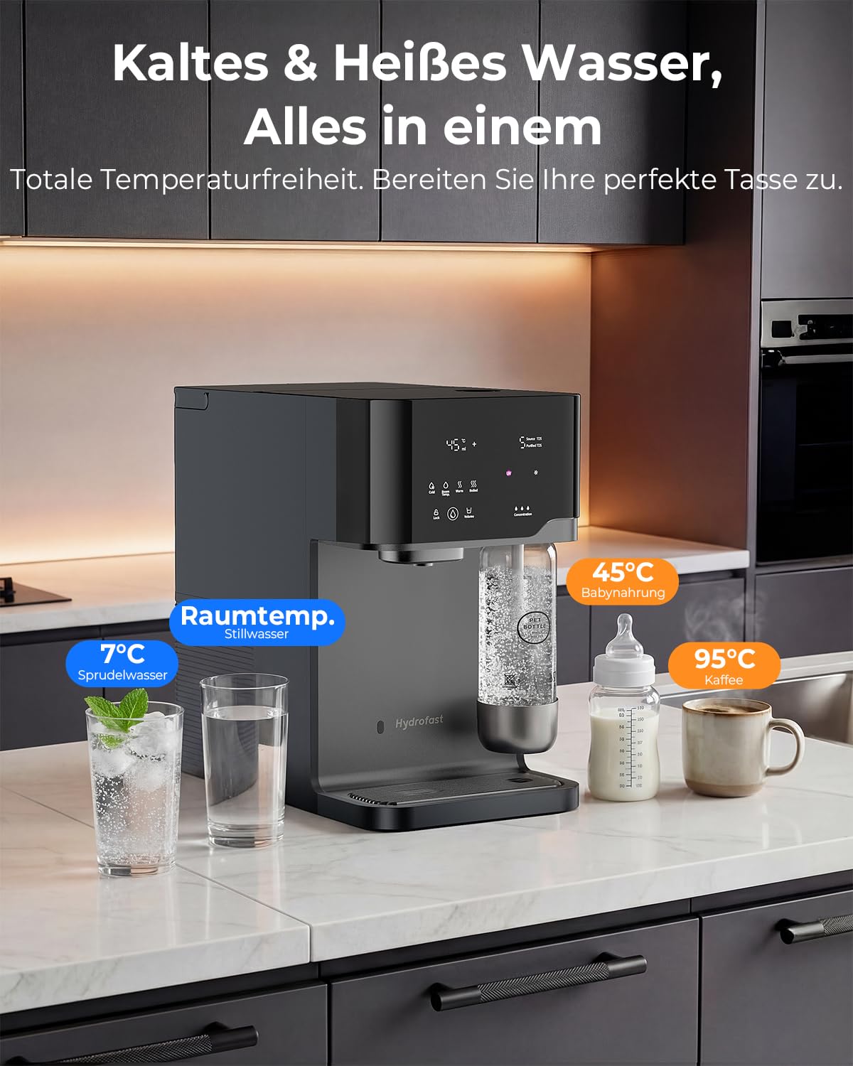 C300 Wasserspender mit Kohlensäure  und  Osmoseanlage, 6-Stufen Umkehrosmose + UV, Heißwasserspender mit Kühlung, 5L Tank, Temperatureinstellung 40-100°C, für Zuhause  und  Büro
