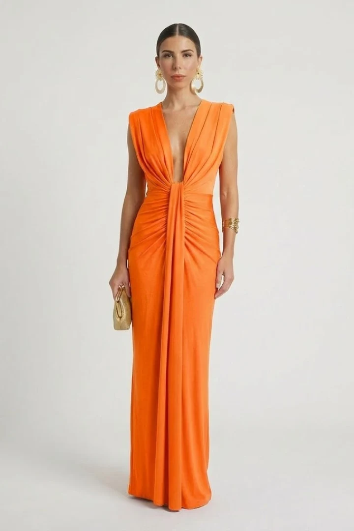 Damen Maxikleid mit V-Ausschnitt | ?rmelloses Abendkleid bodenlang mit vertikaler Plissierung f��r festliche Anl?sse