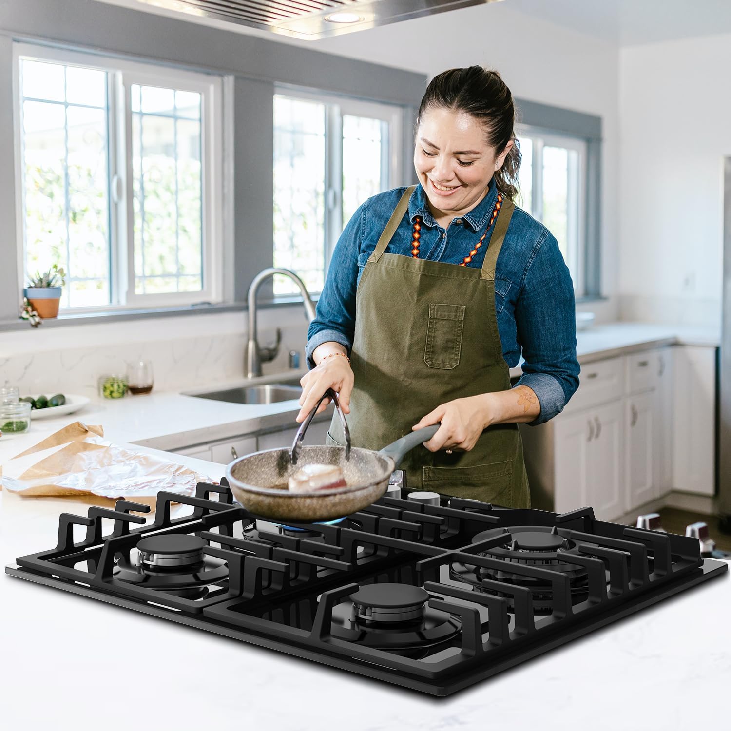 TOPWISH Gaskochfeld 4 flammig,Einbau Gaskochfeld,Gaskochfelder mit rote beleuchteter Drehknopf,ghärtetes Glas-Gaskochfeld,Glasherd,NG/LPG Konvertierbar,Automatischer Thermoelementschutz,60cm,8000 Watt