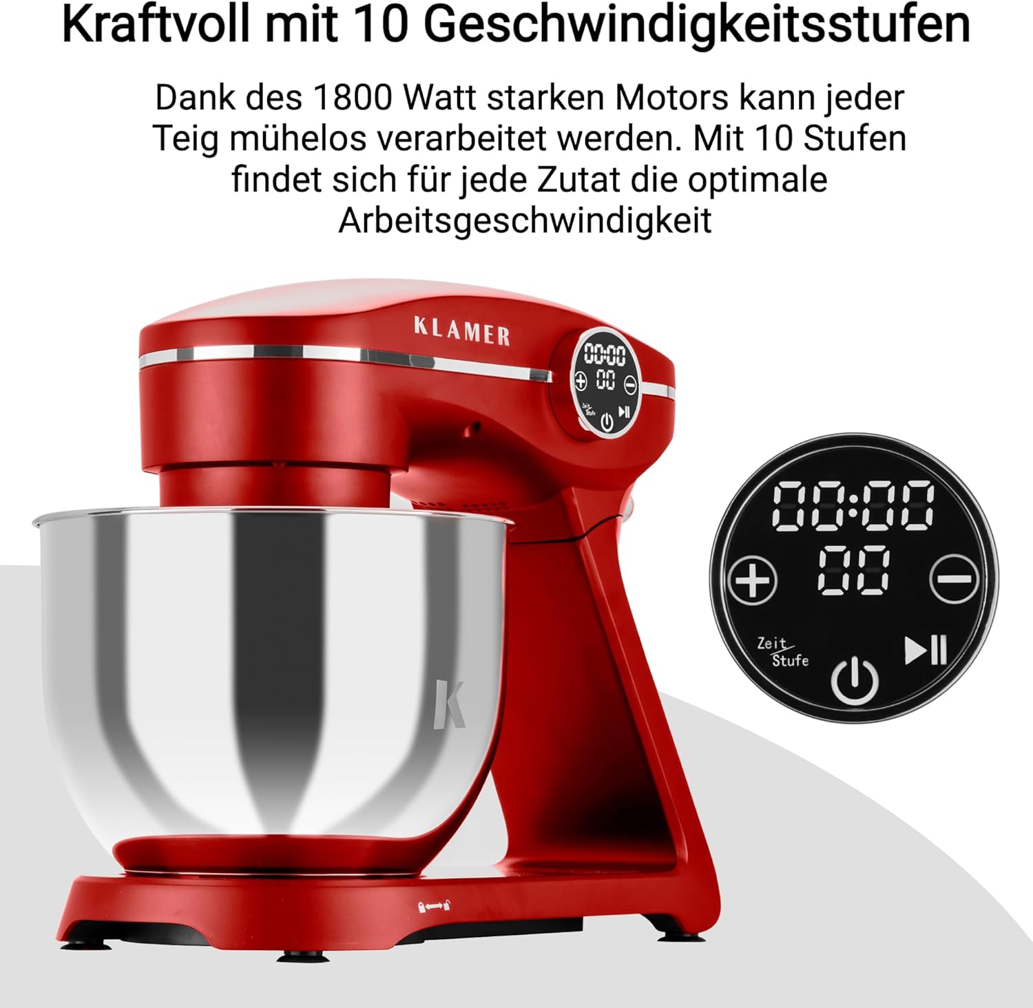 KLAMER Küchenmaschine 1800W, Knetmaschine Brotteig mit Edelstahl-Rührschüssel 6 L, 10 Stufen mit Timer, Planetenrührwerk, Rührbesen, Knethaken, Schneebesen & Sichtdeckel (schwarz)