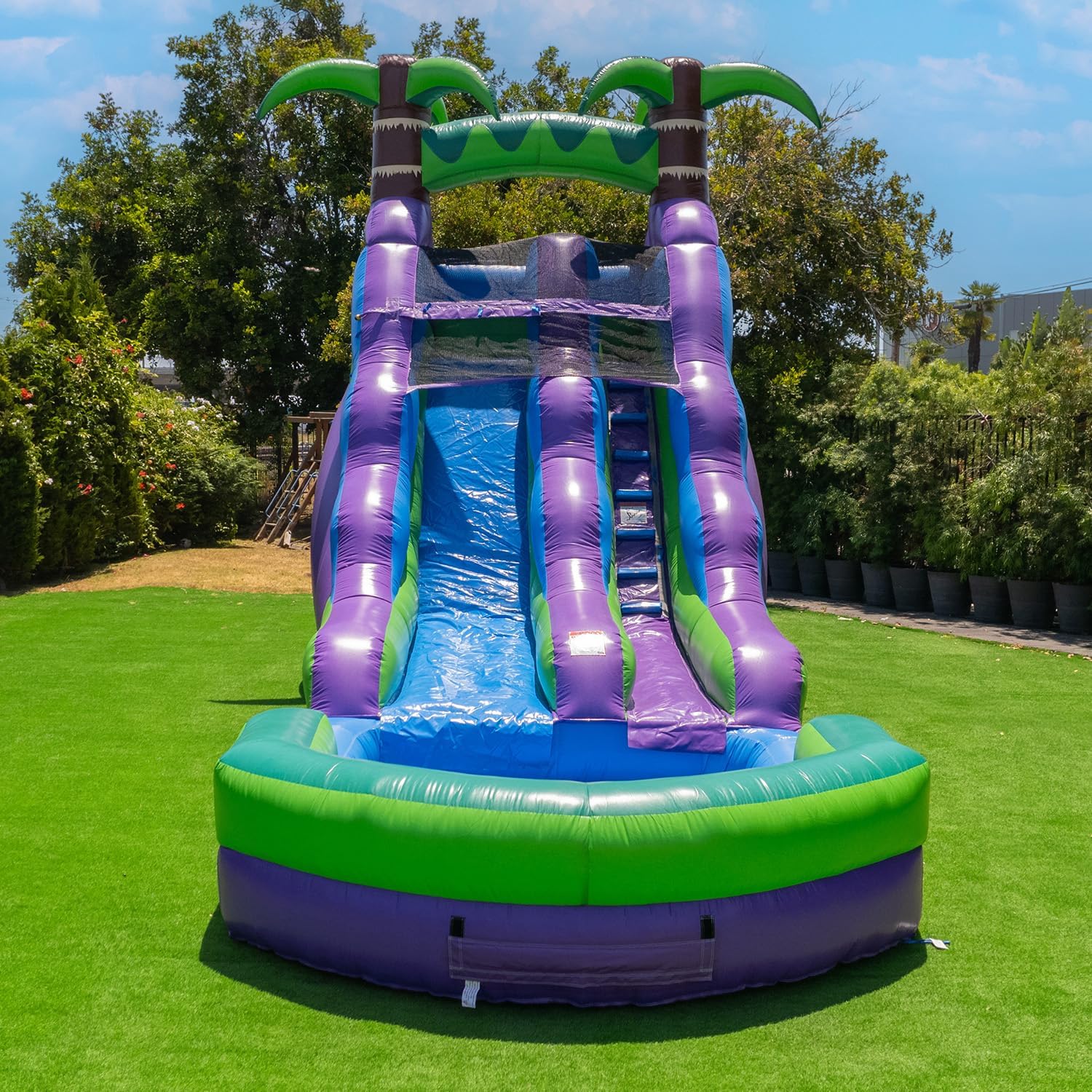 HeroKiddo 16’ Purple Tropical Lightweight Premium Commercial Grade Water Slide Inflatable with Attached Pool for Kids and Adults (with Blower), Wet Dry Use, Summer Fun