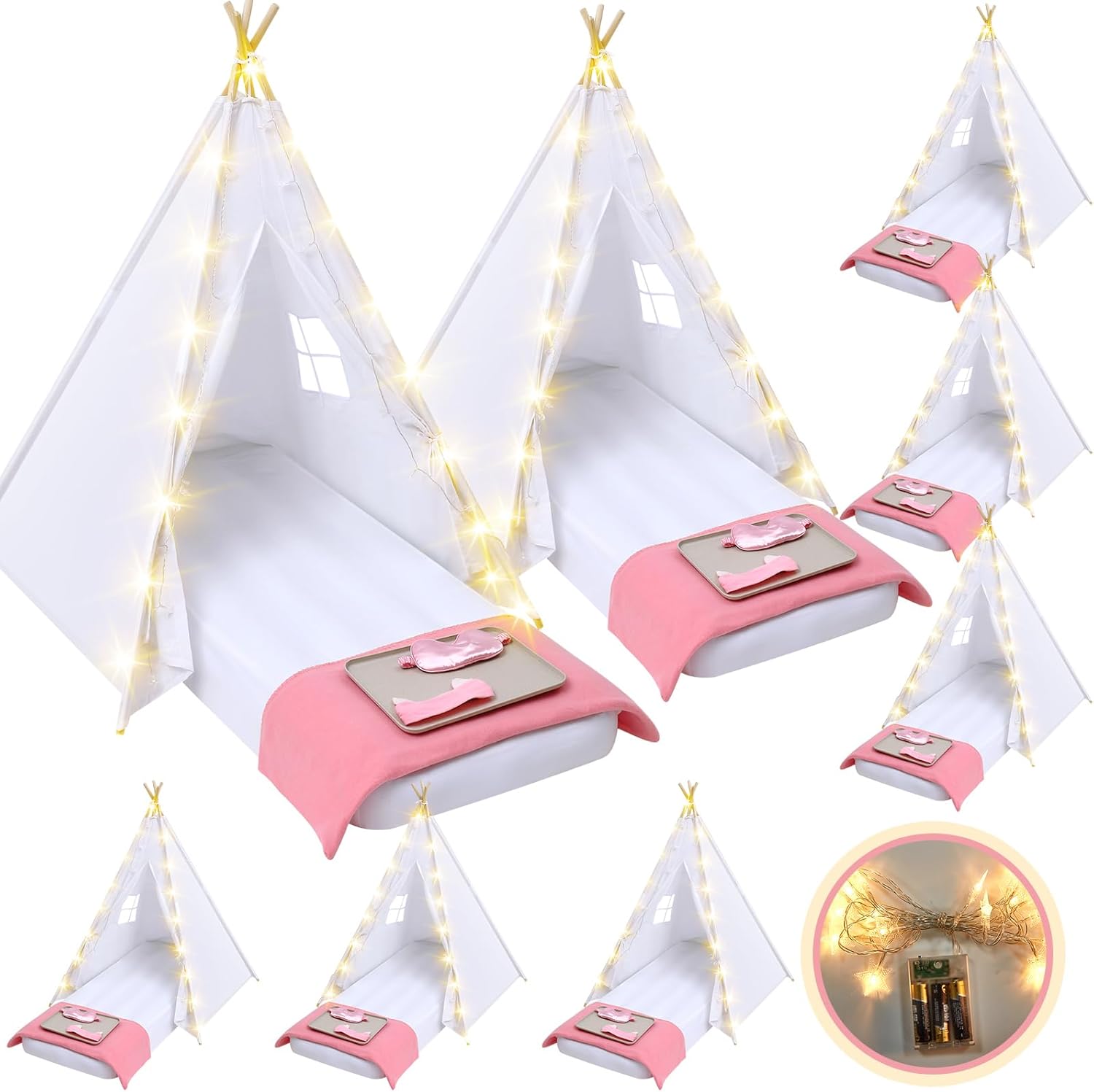 Windyun 8-Pack Kids Teepee Tent Set, Sleepover Party, White