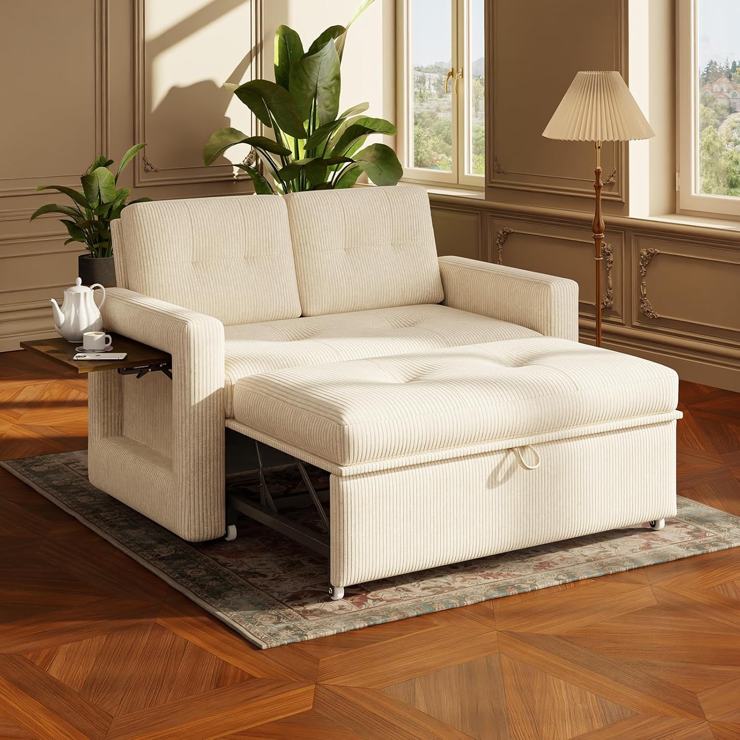 YOUDENOVA Sofá Cama 3 en 1, Sillón Cama multifunción, Sofá reclinable con Respaldo Regulable en 5 Posiciones, Sofá Cama para 2 Personas con Mesa y Bolsillos Laterales, Pana Beige