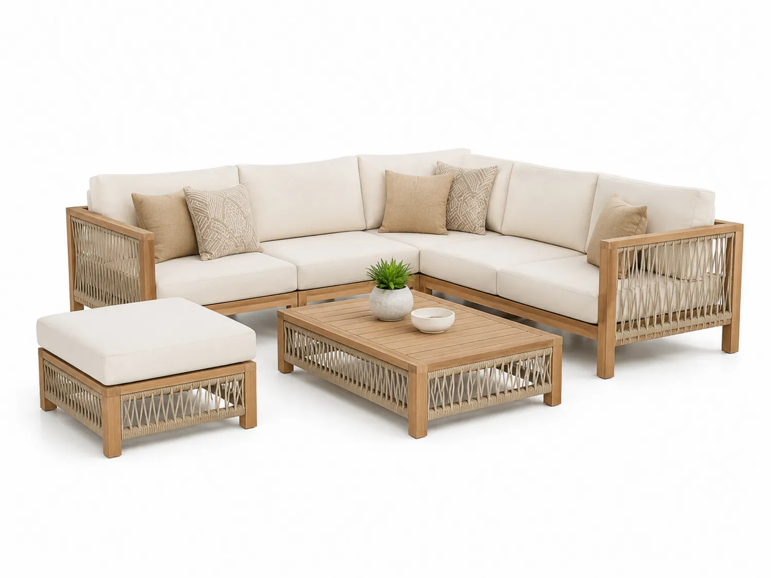Ecksofa-Set aus Teakholzgeflecht mit Tisch und Hocker, Beige