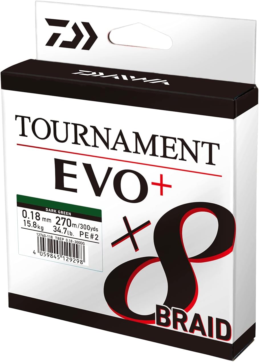 Daiwa Tournament x8 Braid EVO+ 0.12mm, 8.6kg/18.8Lbs, 900m, Dunkelgrün, Geflochtene Angelschnur, 12760-212