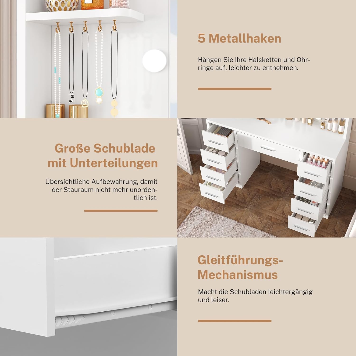 TEENFON Große Schminktisch mit LED-Beleuchtung und Steckdosen, Schminktisch mit Spiegel, 4 offenen Ablagen und 5 Schmuckhaken für das Schlafzimmer, Weiß，9 Schubladen Schminktisch