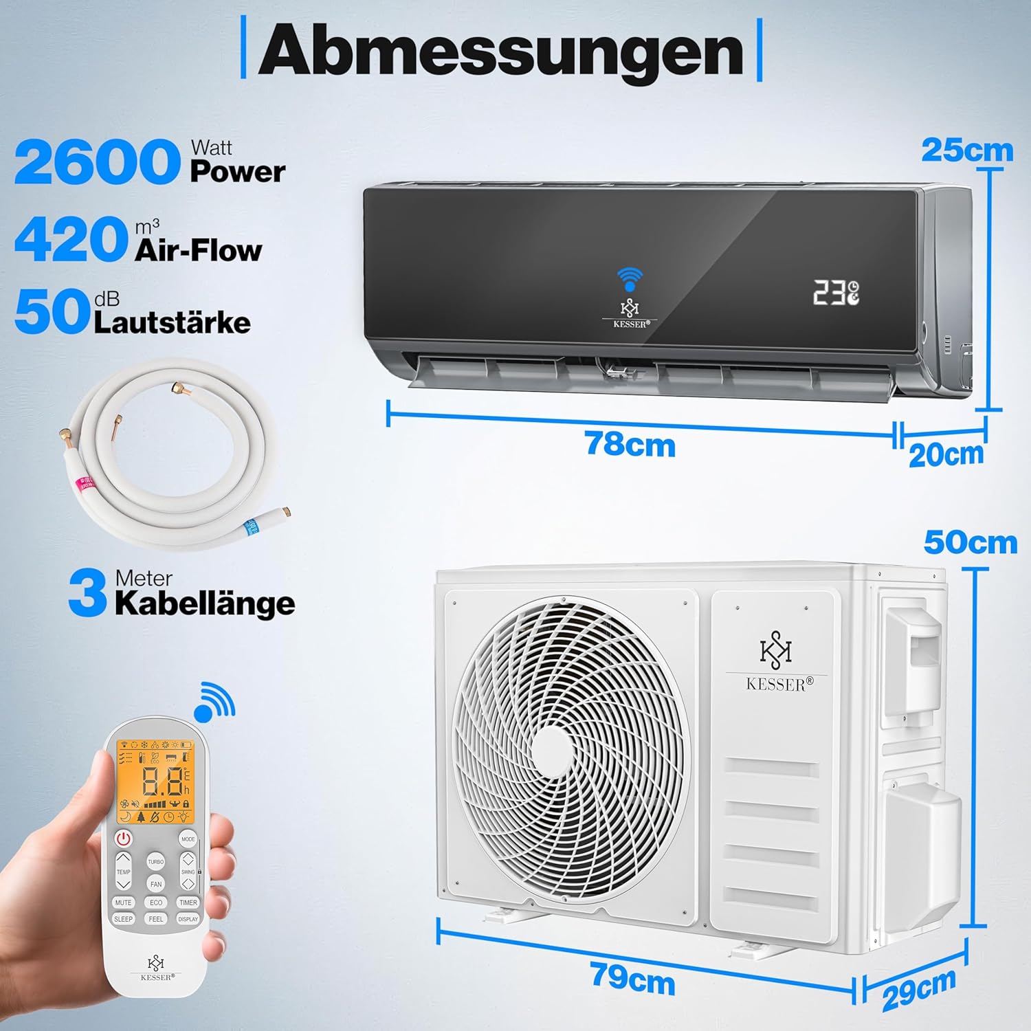 KESSER® Klimaanlage Set Split, WiFi/App Funktion Klimagerät, Kühlen A++/Heizen A+ -9000 BTU/h (2.600 W) sehr leise, Kältemittel R32, Fernbedienung, Timerfunktion, Montagematerial [Energieklasse A++]