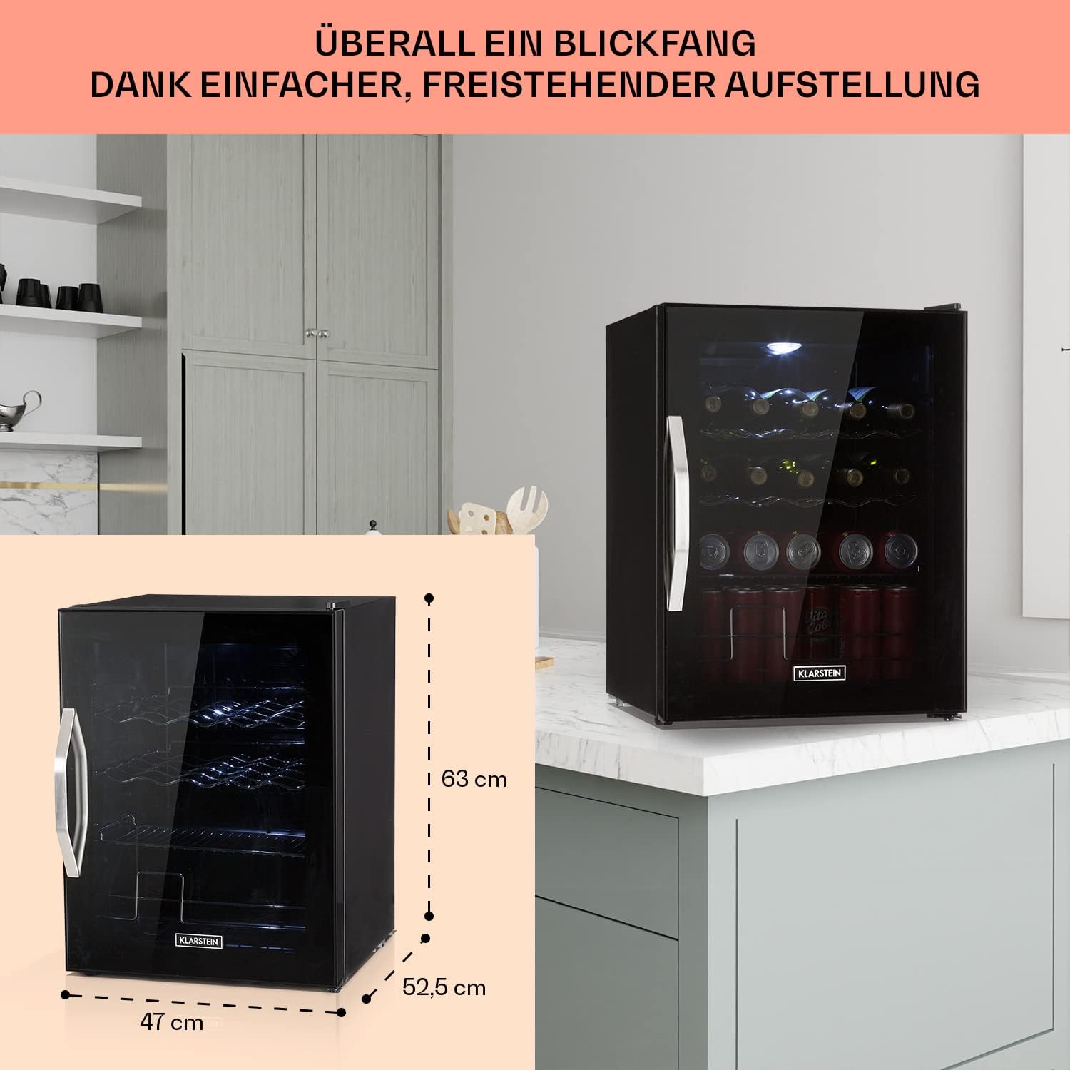 Klarstein Mini Koelkast met Glazen Deur voor Kamer, Drankenkoelkast met Verstelbare Planken, Klein 80 Liter, Indoor/Outdoor Koelkast Stil