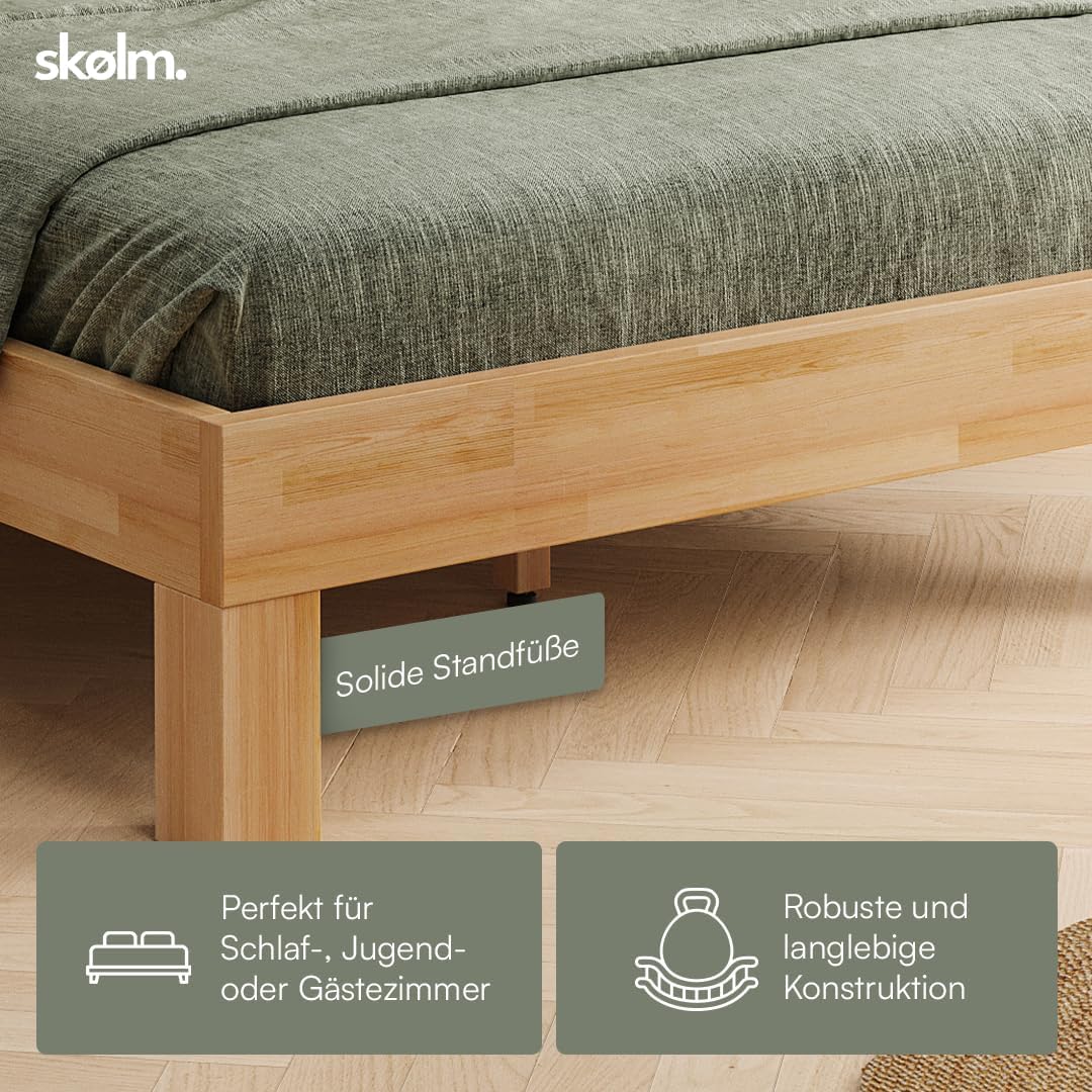 skølm Floki Massivholzbett 140x200 cm aus Buche - hochwertiges Bettgestell - Bettrahmen mit Bettkopf - Holzbett in Natur geölt - Bett 140x200 cm geeignet als Doppelbett - Futonbett