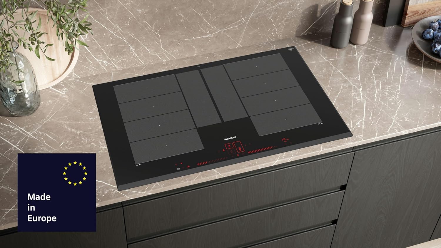 Siemens EX851LYV5E, iQ700, Smartes Induktionskochfeld 80 cm, autark, Rahmenlos aufliegend, Touch & Slide, varioInduktion Plus, Intelligente flexZonen, Bratsensor Plus, cookConnect System, Schwarz
