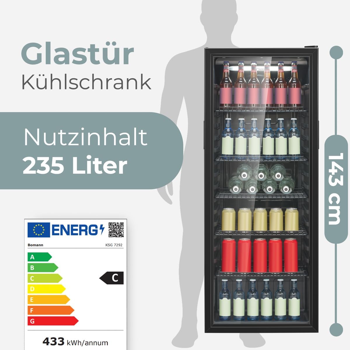 Bomann KSG 7292 Réfrigérateur avec porte en verre | Classe énergétique C | 143 cm | Réfrigérateur de boissons 2-12 °C | MultiAirflow | 5 étagères grillagées | Butée de porte interchangeable | 236 l |