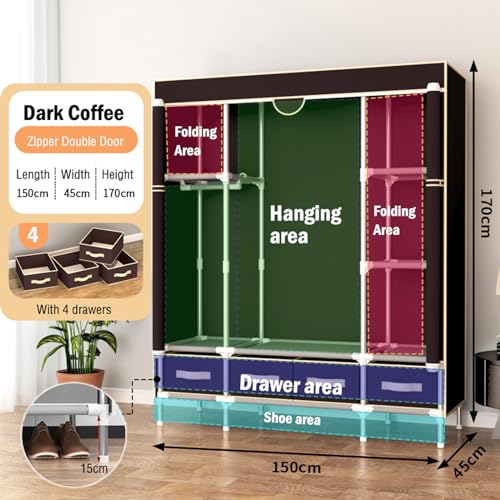 Anmas Power Armadio in tela con 4 cassetti – caffè scuro | grande appendiabiti con appendiabiti e ripiani, 150 x 45 x 170 cm : Amazon.it: Casa e cucina
