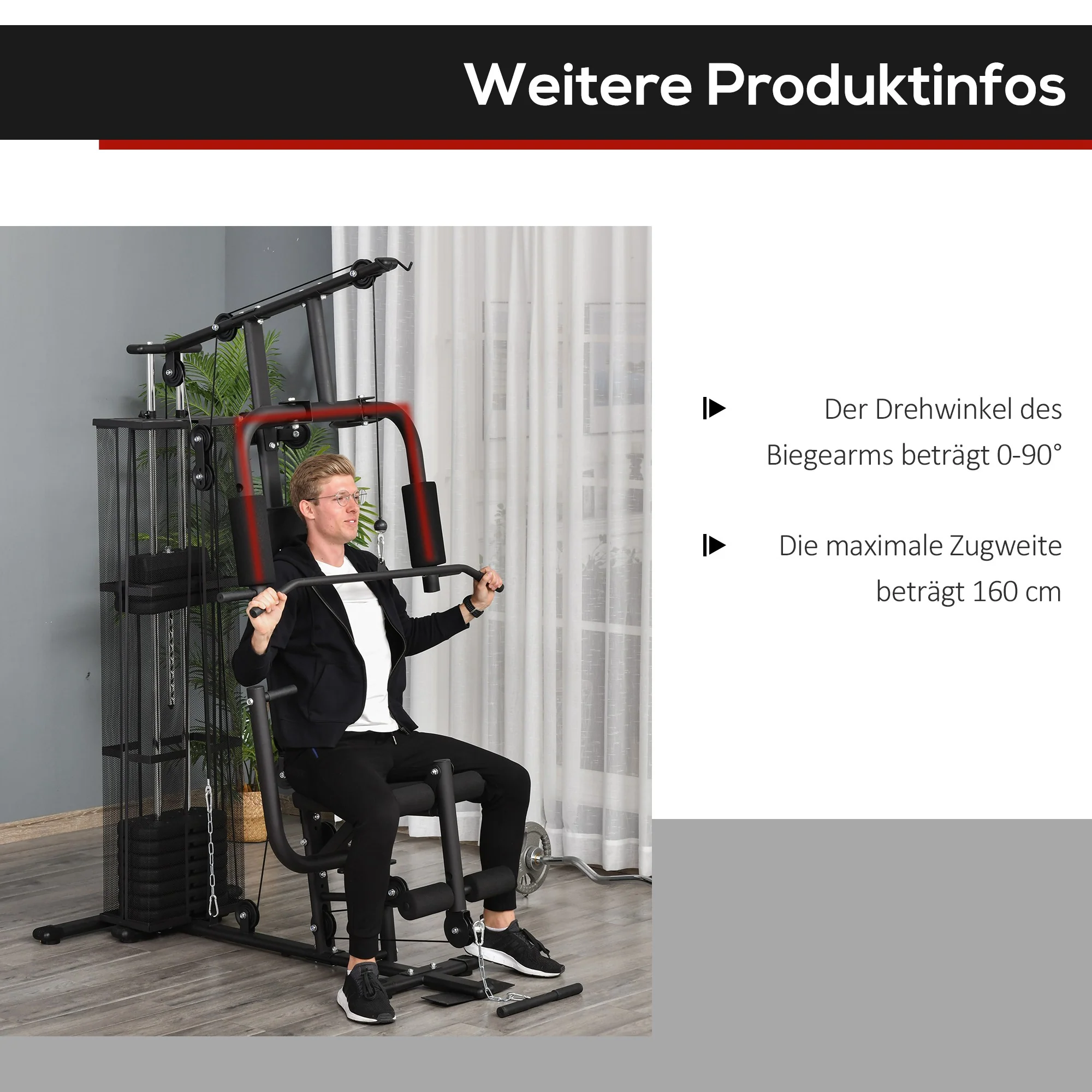 HOMCOM Gym Krachtstation Fitnessstation Multigym Fitnesscentrum Fitnessapparatuur incl. gewichten Latzug Beincurl Metaal PU-kunstleer zwart 150 x 110 x 210 cm