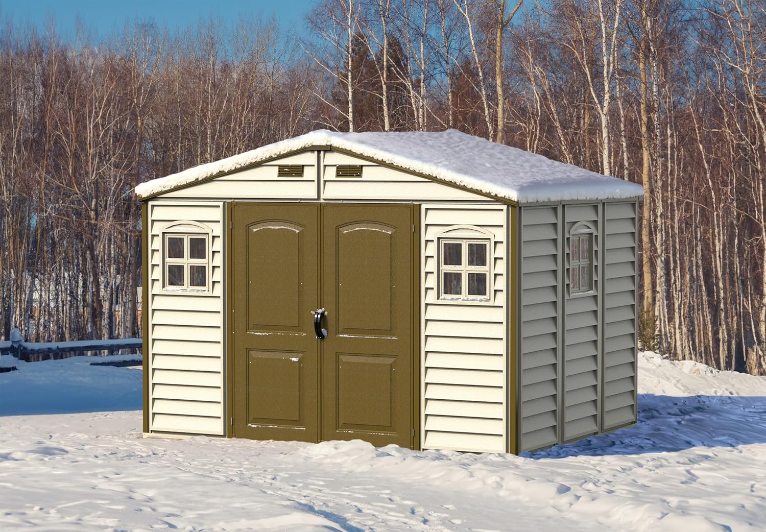 Duramax WoodSide 10 x 8 (7.64 m²) Kunststoff gerätehaus mit 3 festen Fenstern und Metallfundamentset, Gerätehaus, wartungsfreie und robuste und Dachstruktur aus Metall, Ivory/Brown