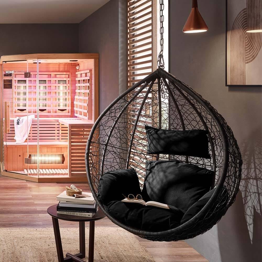 Home Deluxe - Hängesessel Cielo - Schwarz, nur Korb - inkl. Sitz- und Rückenkissen I Polyrattan Hängestuhl Gartenschaukel Hängekorb
