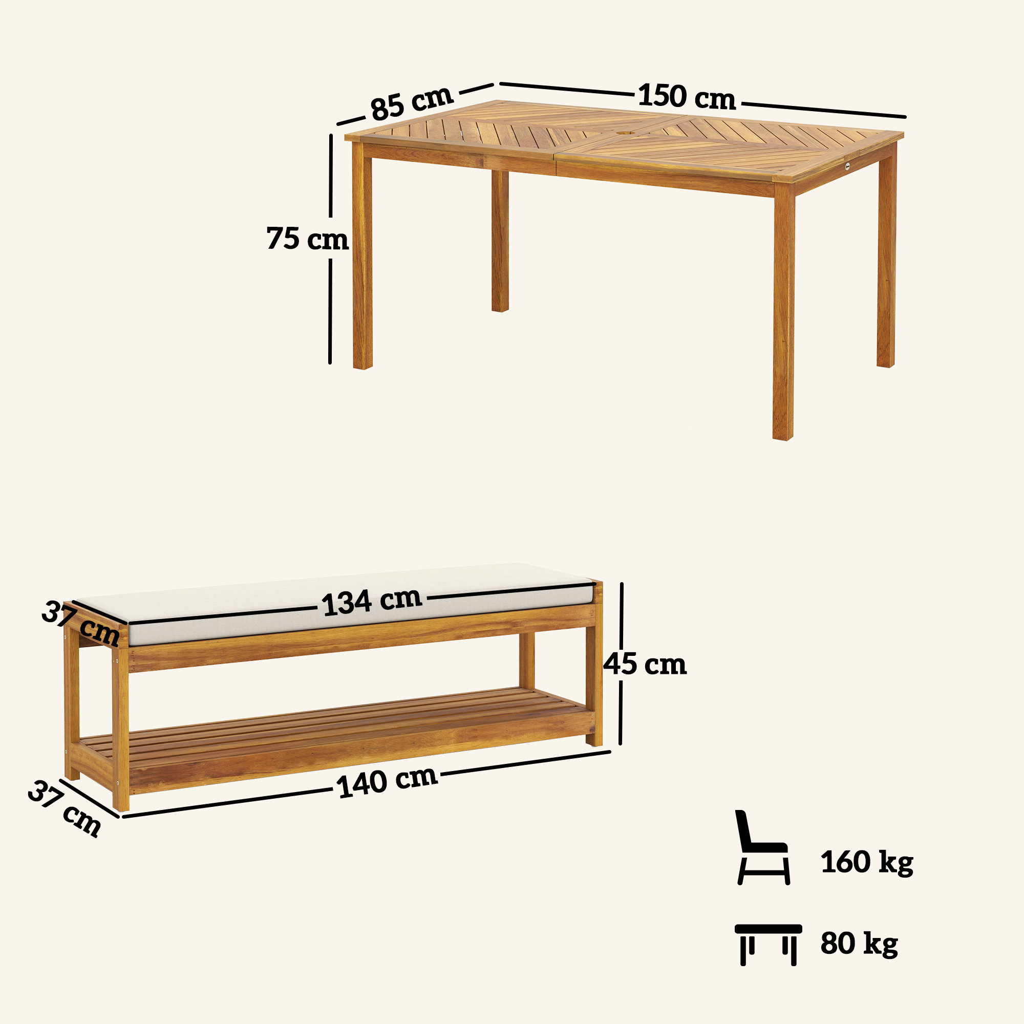 3-delig Tuinmeubelset, Zitgroep incl. 1 Eettafel met Parasolgat, 2 Banken 150 x 85 x 75 cm Teak