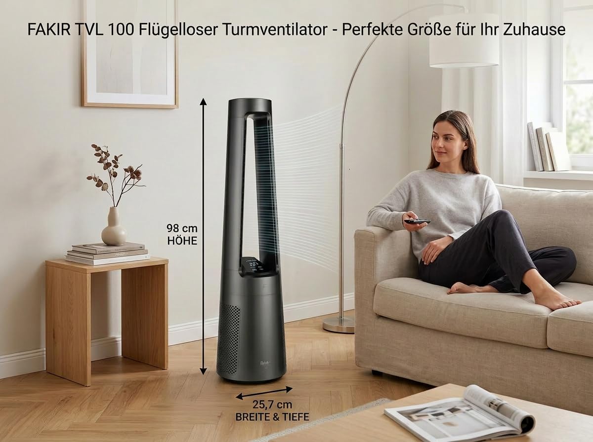 Fakir TVL 100 Flügelloser Turmventilator - DC-Motor, 12 Lüfterstufen, 30 dB(A), 60° Oszillation, 12h Timer, LED Touch Display, Fernbedienung, Anthrazit