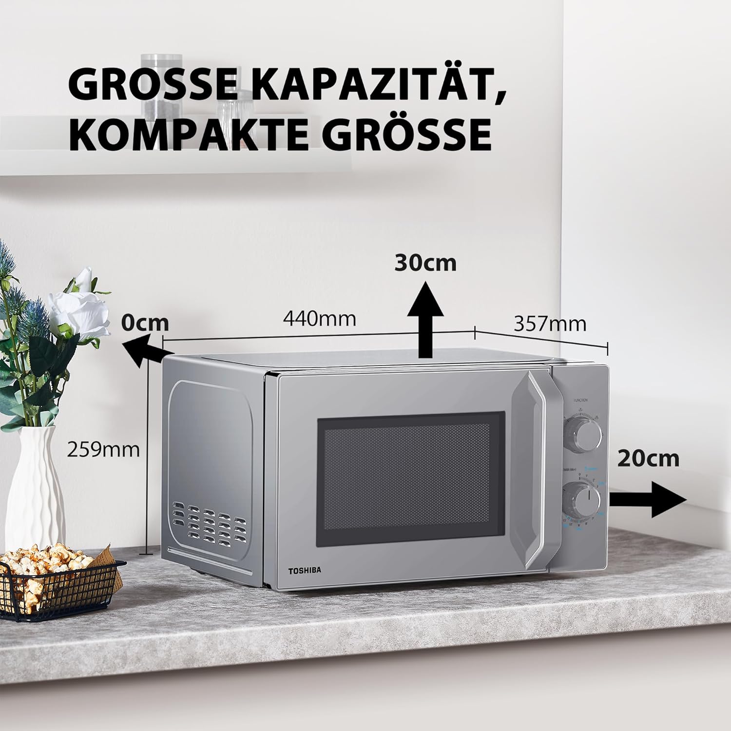 Toshiba MW2-MM20PF(BK) Freistehend Mikrowelle/Solo-Mikrowelle / 20L / 800W / 5 Leistungsstufen mit praktischer Auftaufunktion/LED-Beleuchtung im Innenraum/Schwarz
