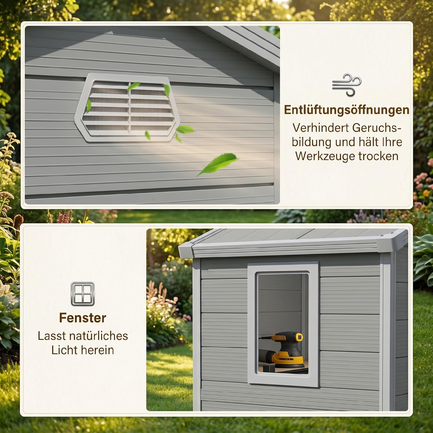 Outsunny Gerätehaus 4,1m² Geräteschuppen mit Satteldach, Kunststoff Gartenchuppen mit abschließbarer Tür, Belüftungsöffnung, Fenster und Fundament, Gartenhaus für Garten, 240 x 190 x 228 cm Hellgrau