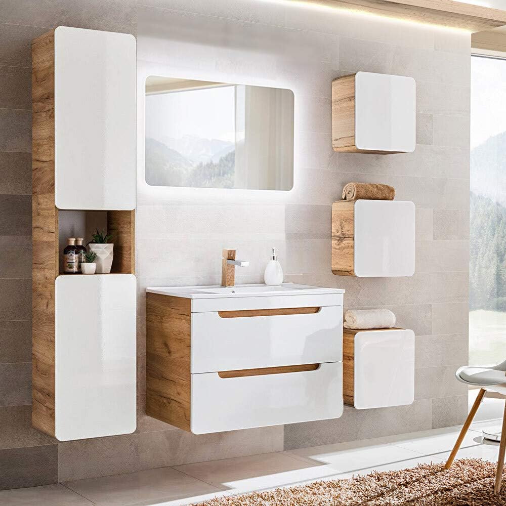 Lomadox Badmöbel Set, Hochglanz weiß mit Wotan Eiche Nb., 80 cm Waschtisch-Unterschrank mit Keramik-Waschbecken, 50 cm LED-Spiegel, Hochschrank & 3 Hängeschränke