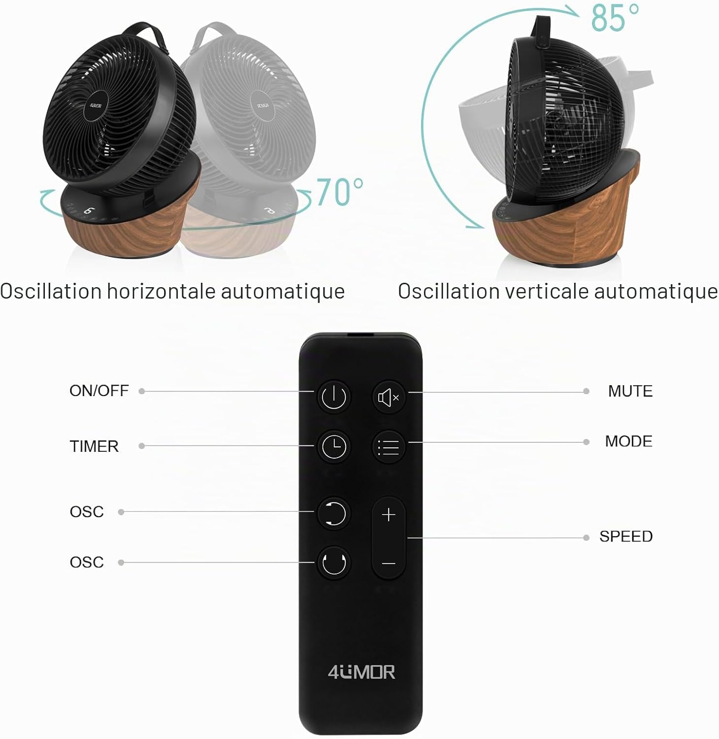 4UMOR Ventilateur Ultra Silencieux 20dB avec Télécommande 1823m³/h Moteur DC 12 Vitesses 8h Minuterie 3D Oscillation Turbo Ventilateur de Table Circulateur d’Air pour Bureau Chambre, Noir
