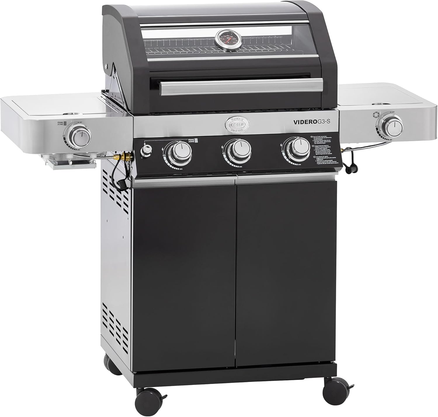 RÖSLE Elektrogrill BBQ-Portable Videro E2-P, tragbarer Tischgrill mit 2 Brennern, Warmhalterost und Deckel mit Glaseinsatz, pulverbeschichteter Stahl, schwarz/silbern