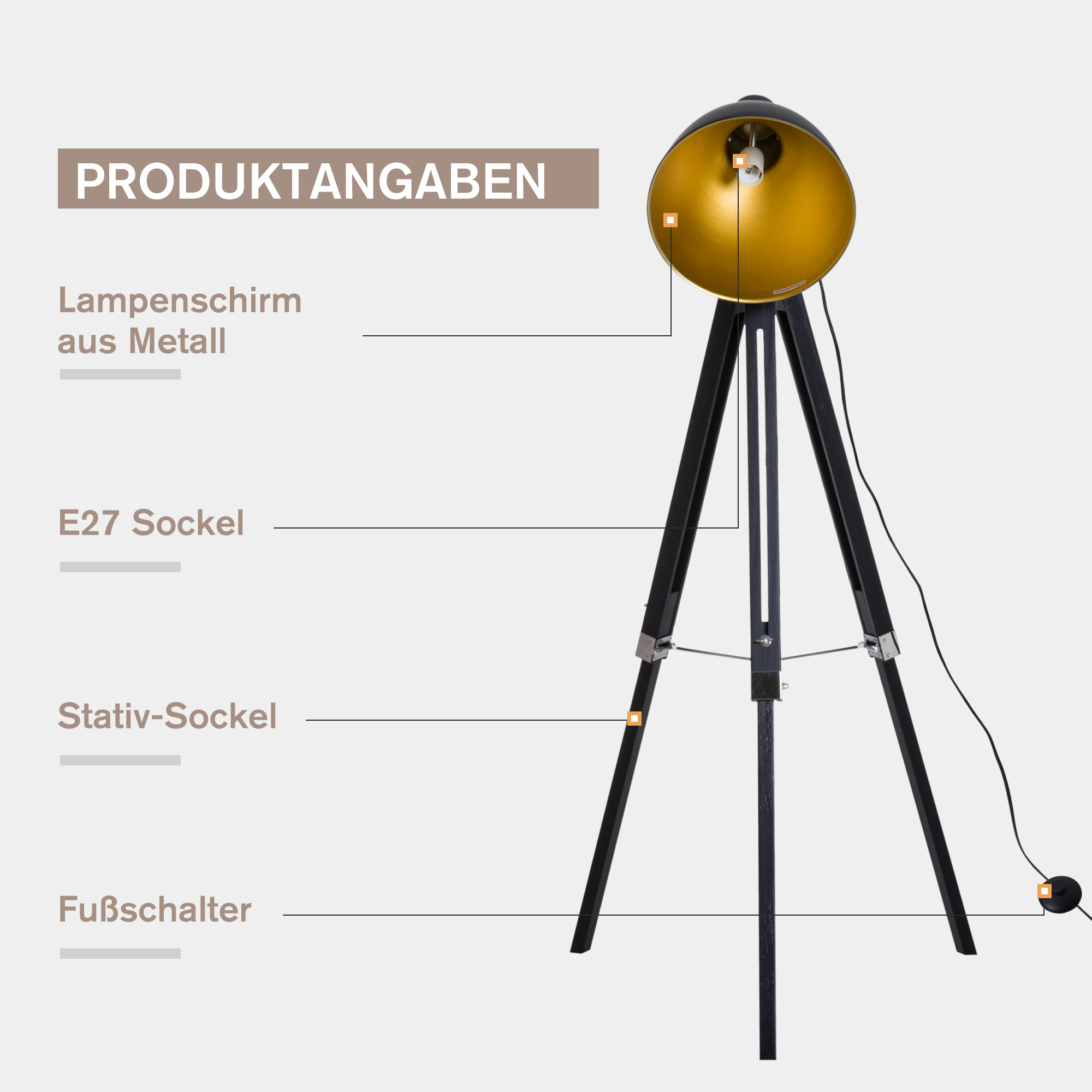 ? staande lamp driepoot vloerlamp in hoogte verstelbaar 108-152 cm E27 industri?le zwarte vloerlamp grenen goud 65 l x 65 b x 152 h cm
