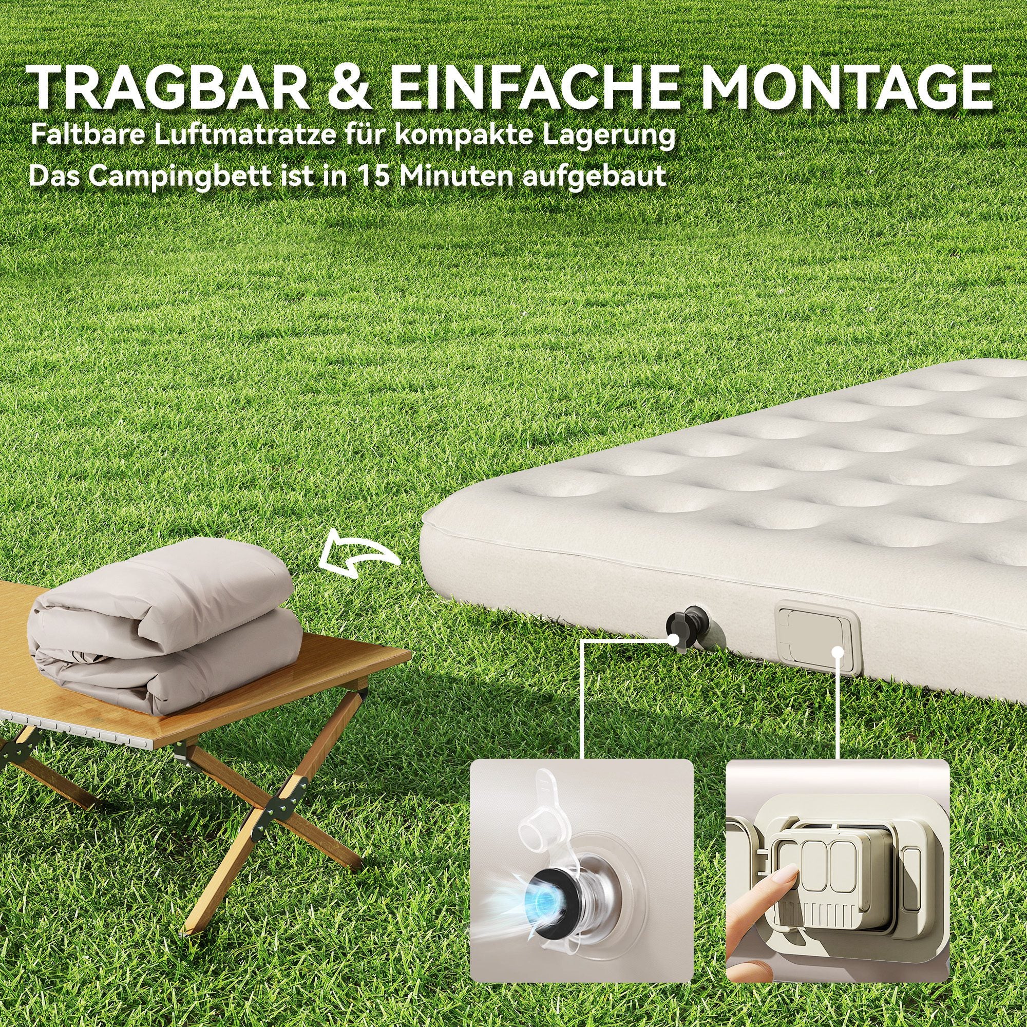 Outsunny Veldbed Kampeerbed met Luchtmatras en Pomp 200 x 153 cm Draagvermogen tot 200 kg Zwart+Khaki