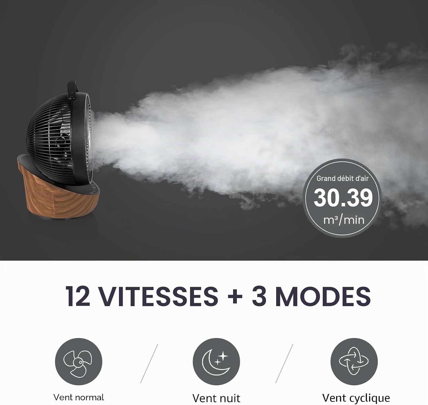 4UMOR Ventilateur Ultra Silencieux 20dB avec Télécommande 1823m³/h Moteur DC 12 Vitesses 8h Minuterie 3D Oscillation Turbo Ventilateur de Table Circulateur d’Air pour Bureau Chambre, Noir