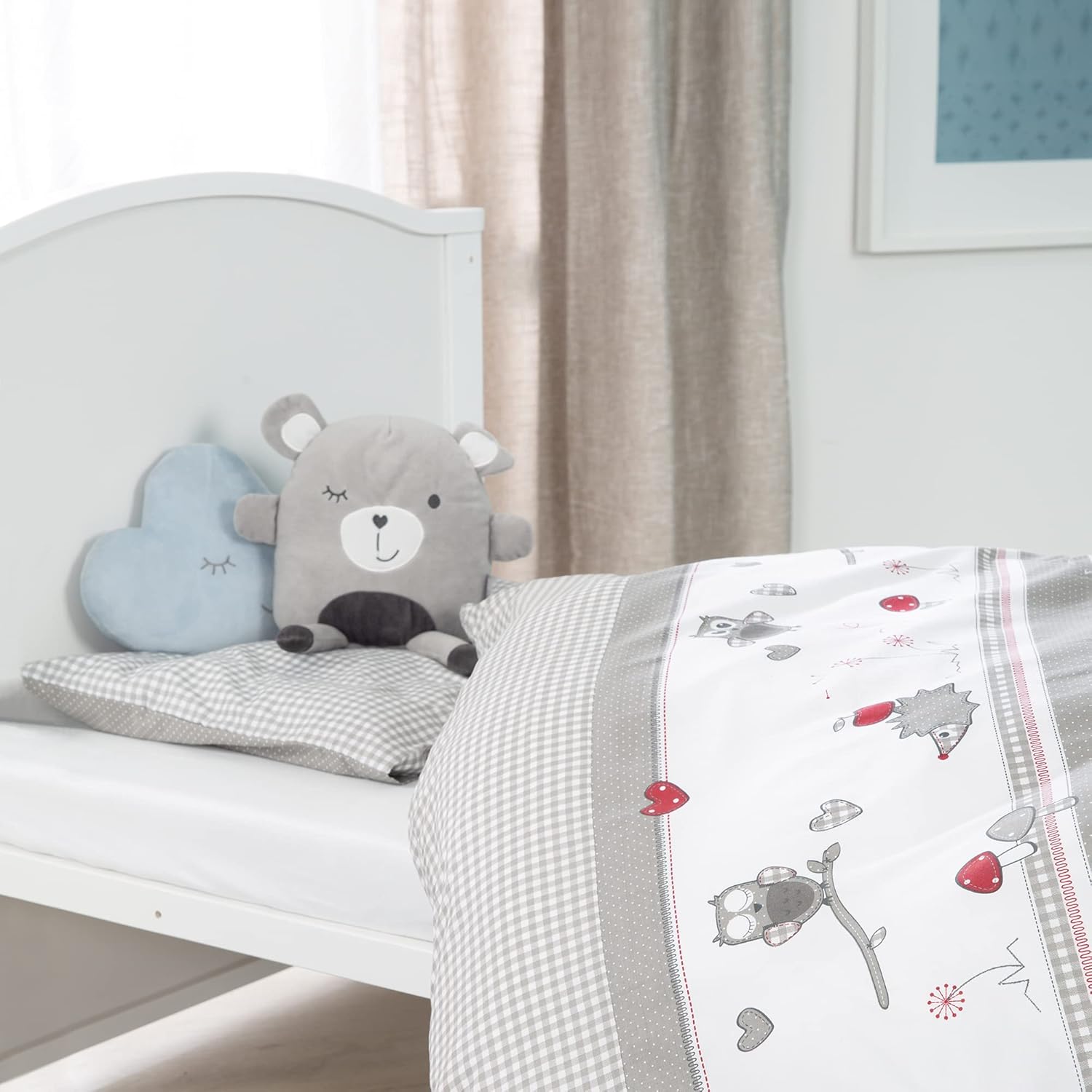 roba Babybett Set Adam & Eule - 70 x 140 cm - Mitwachsendes Kinderbett mit Bettwäsche, Himmel, Matratze - Höhenverstellbar - zu Juniorbett umbaubar - Holz weiß