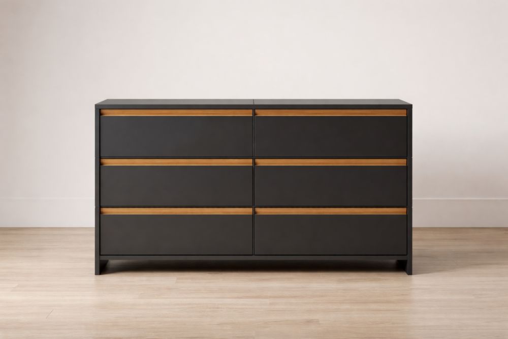 Black/Brown Particleboard Storage Cabinet with Ash Wood Veneer, 6 Drawers, 120cm x 40cm x 75cm