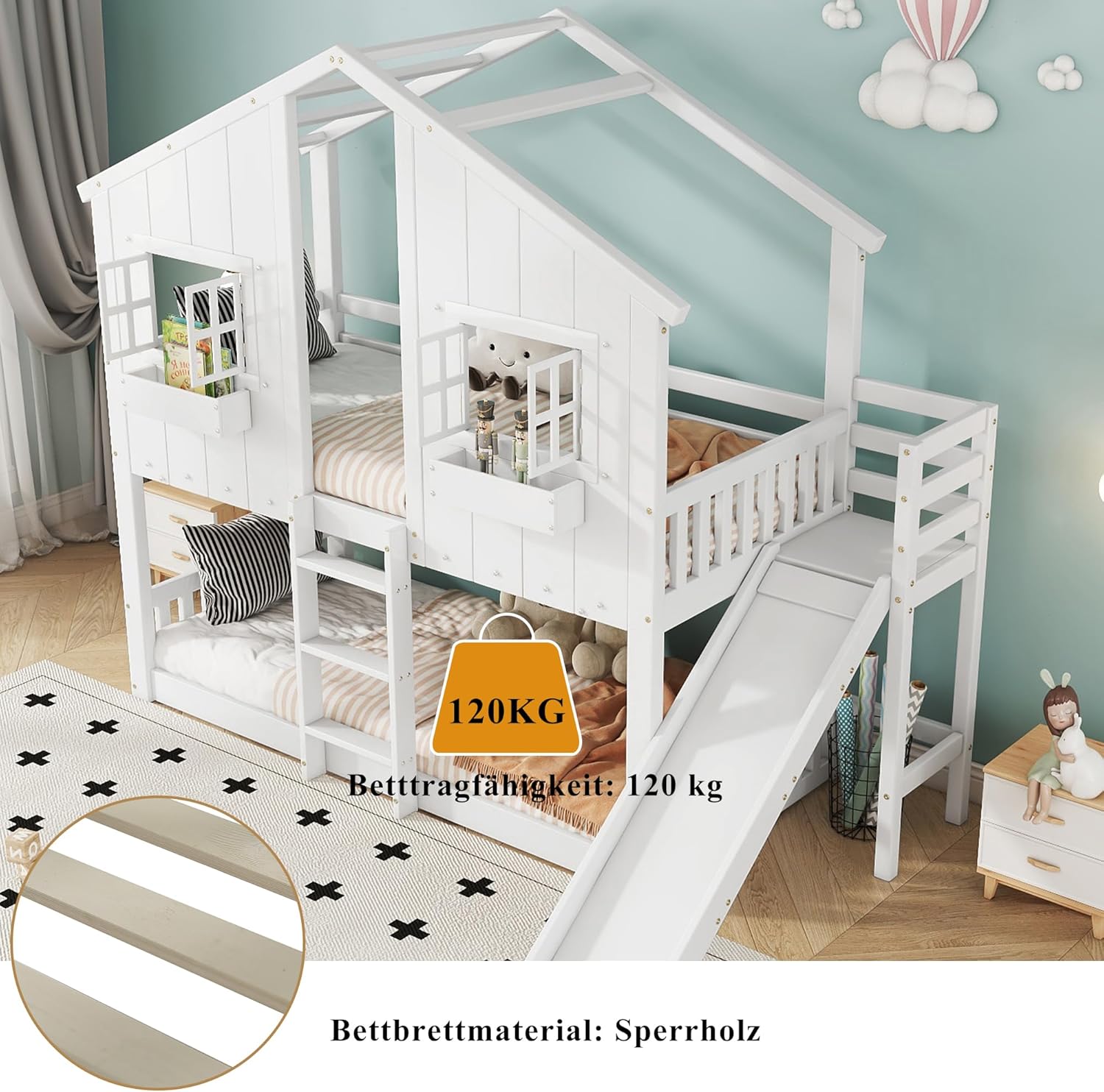 Kinderbett Etagenbett 90x200, Hochbett Hausbett für 2 Kinder, Stockbett mit Rutsche&Leiter&Fenstern&Dach&Aufbewahrungsbox, Doppelbett Holzbett mit Lattenrost&Rausfallschutz, Kiefer, Ohne Matratze,Weiß