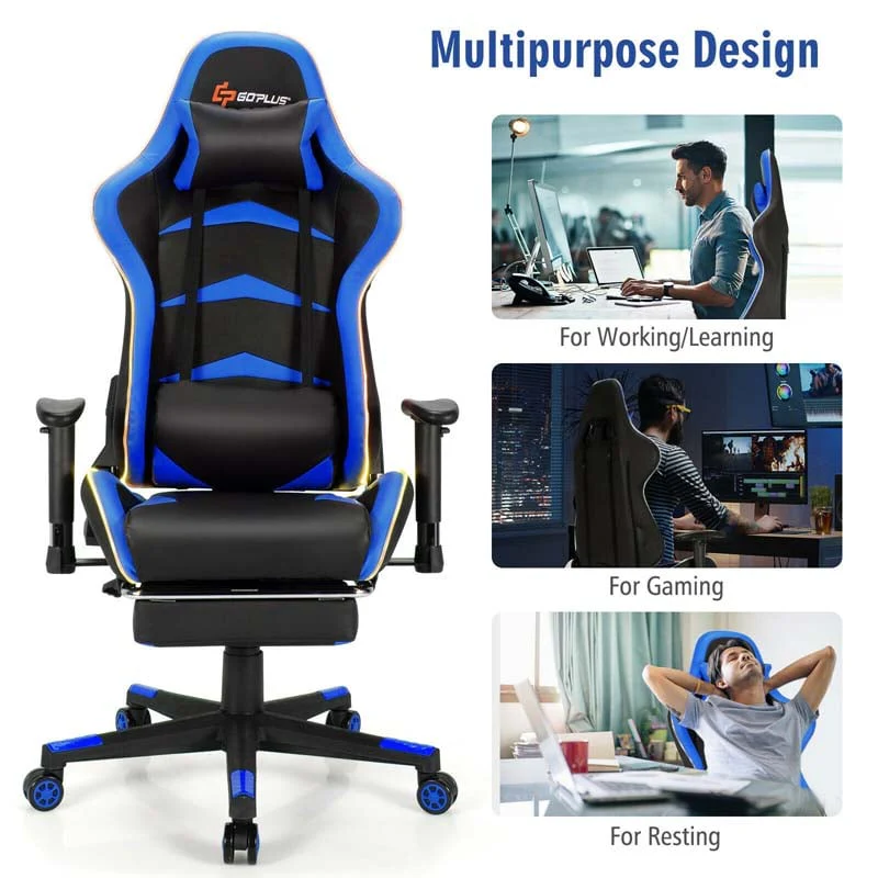 Led Massage Gaming Chair Height Adjustable Racing Computer Office Chair With Footrest Ergonomic High Back Pu Swivel Game Chair - Comfortable And Ergonomic Design