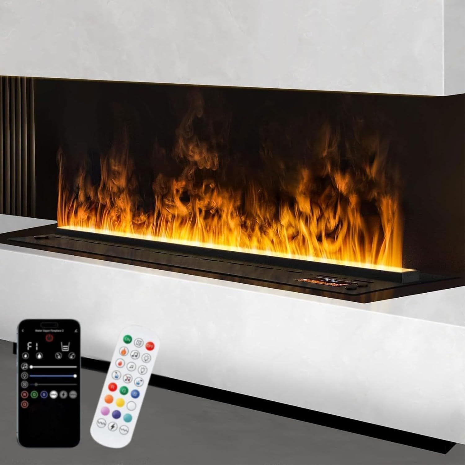 YSOAE 3D Flame Fireplace with 128 Colour Options, 80x18x24CM Modern Design - App Controlled