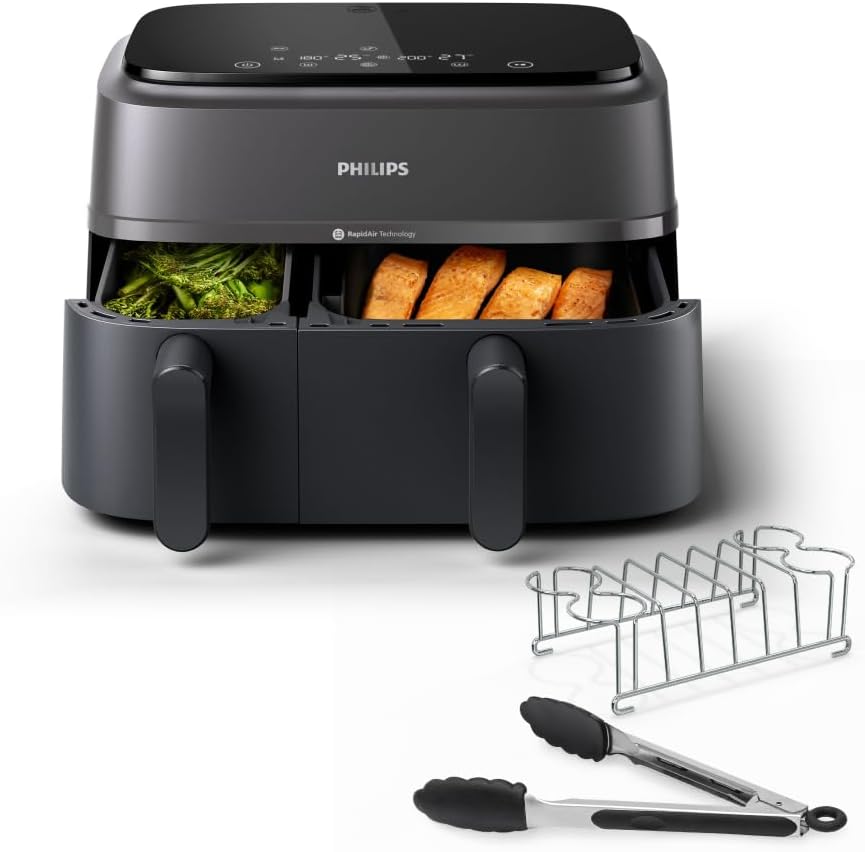 Philips Airfryer 4000 Series Stacked Dual Basket, Stacked Hot Air Fryer, 2 Chambers, 10L, RapidAir Technology, 45% Less Space, PFAS-Free Ceramic Coating, Viewing Window (NA460/00)