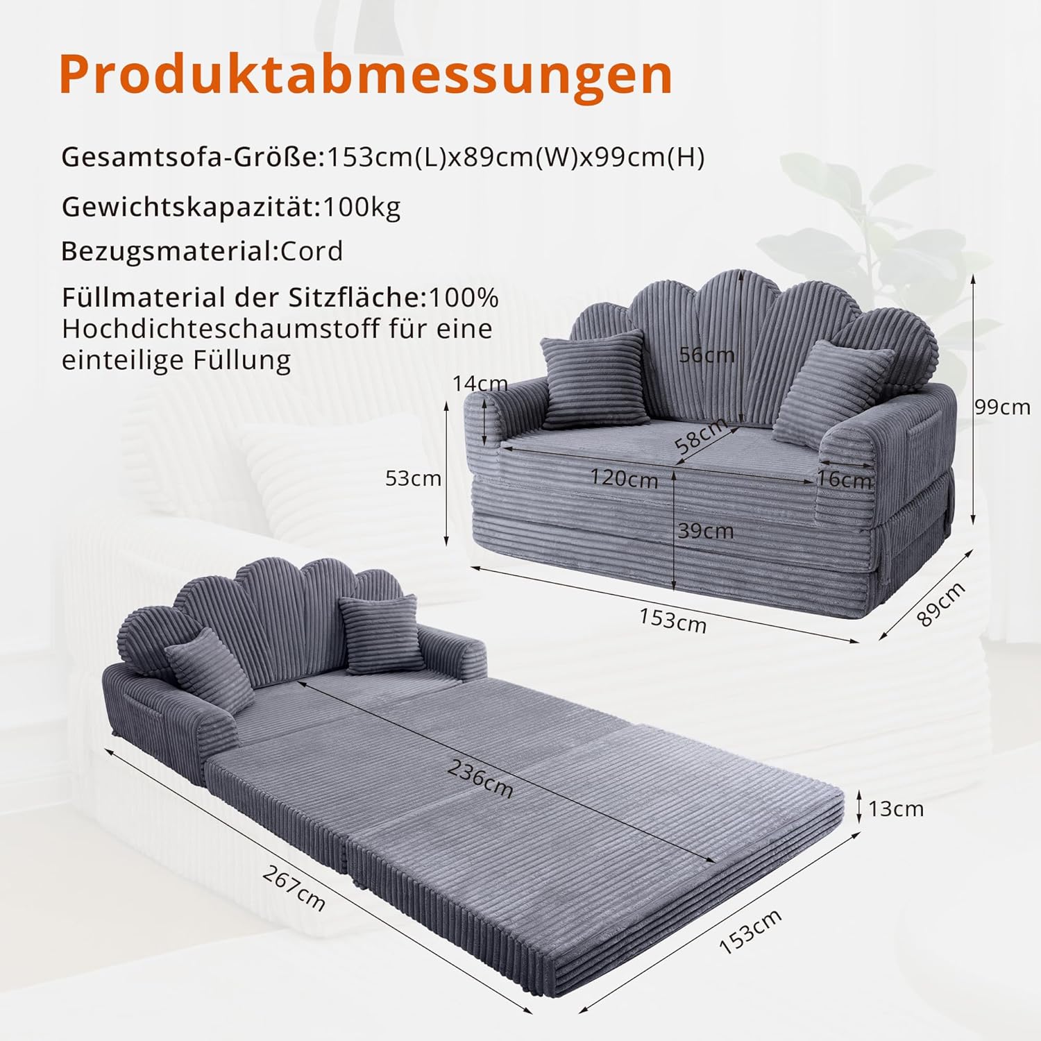 IRONCK Schlafsofa 2-Sitzer Sofa mit Schlaffunktion Boneless Sofa Bed aus Cord & Schaum, Sofabett 153x267cm, Klappbar Schlafcouch, 2 Kissen & Seitentaschen, Bettsofa für Wohnzimmer Schlafzimmer, Grau