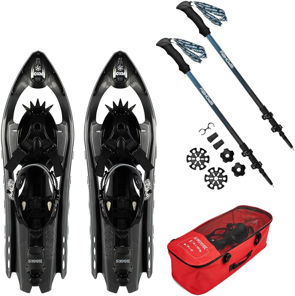 INOOK OXM Schneeschuhe Carbon - Schneeschuhe mit Steighilfe - Set mit Tragetasche und Karbonstöcken - Größenverstellbar - Hochwertig & Robust - Made in France