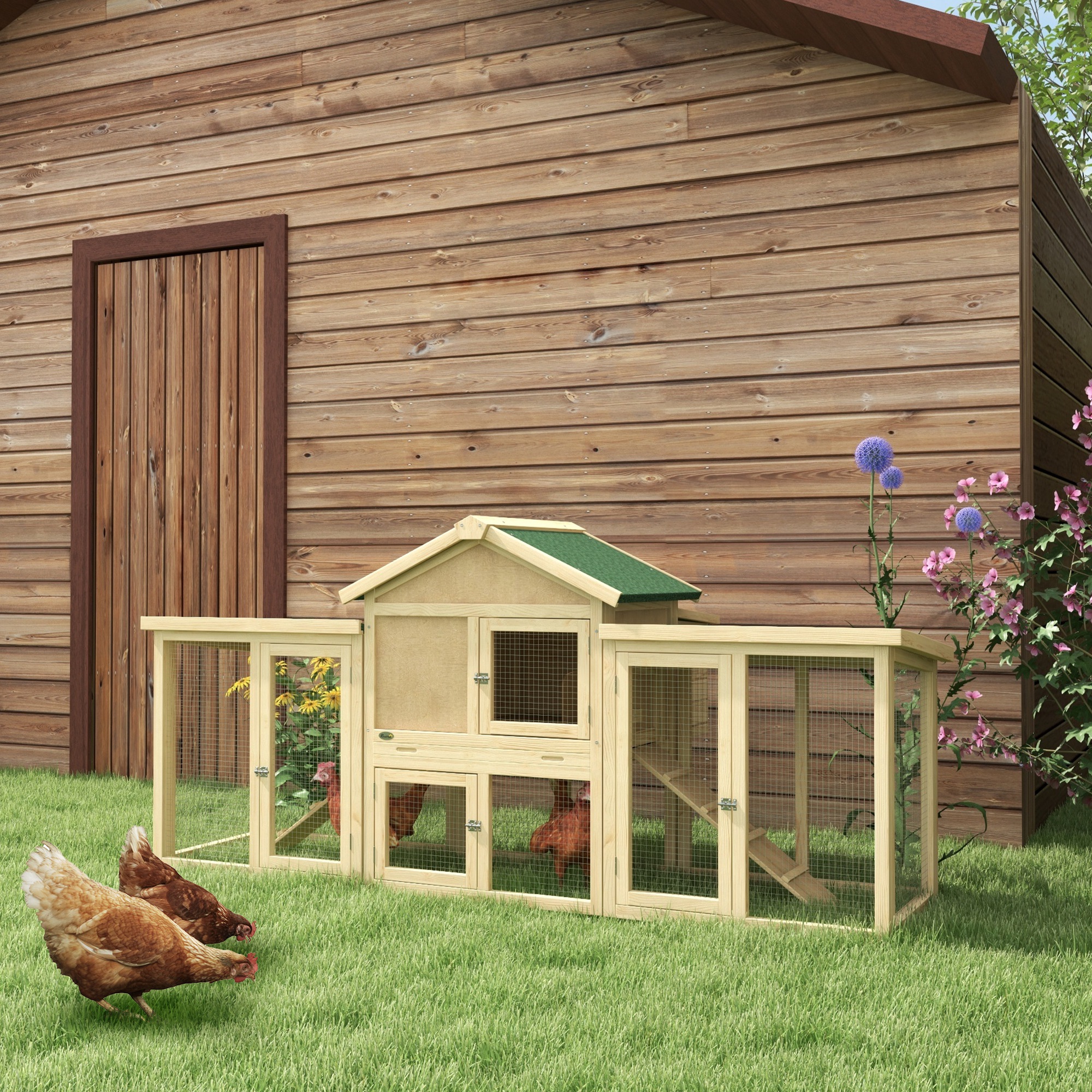 PawHut Kippenren met Buitenverblijf, Incl. Legkast, Helling en Bodemlade Dennenhout Natuurhout
