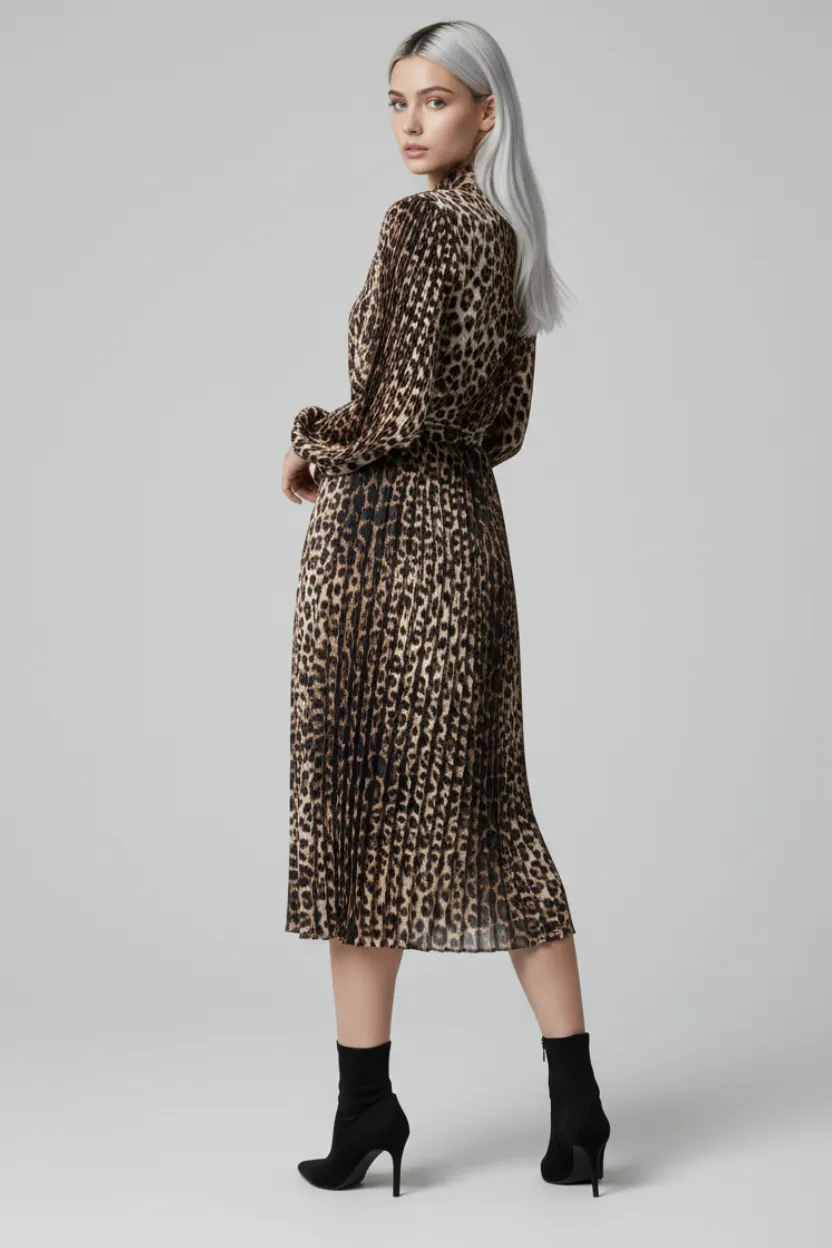 Brown Leopard Print Full-Length Dress with Waist Belt