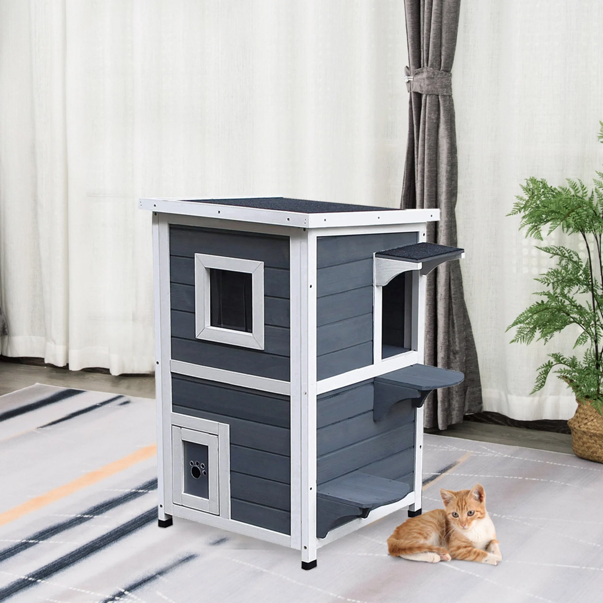 PawHut Twee-Niveau Kattenhuis van Massief Vurenhout met Asphalt Dak en Verhoogde Basis �C Geschikt voor Binnen- en Buitengebruik