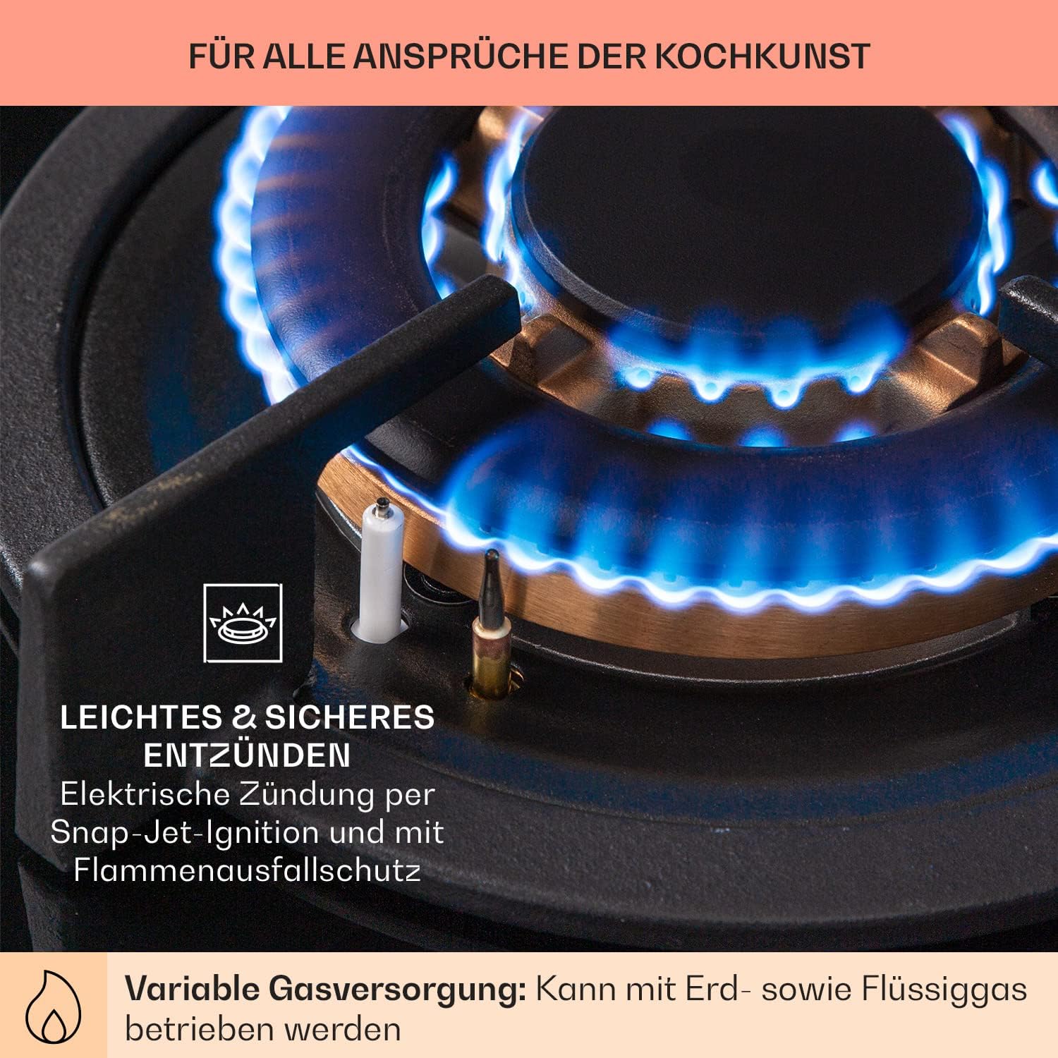Klarstein Gasherd, Gaskochfeld 5 Flammen, Einbau-Gaskocher für Zuhause & Wohnmobil, Campingkocher mit Glasplatte, Gasherd für Propan- und Erdgas, Edelstahl Gas-Herdplatte Wok Brenner 10400 Watt