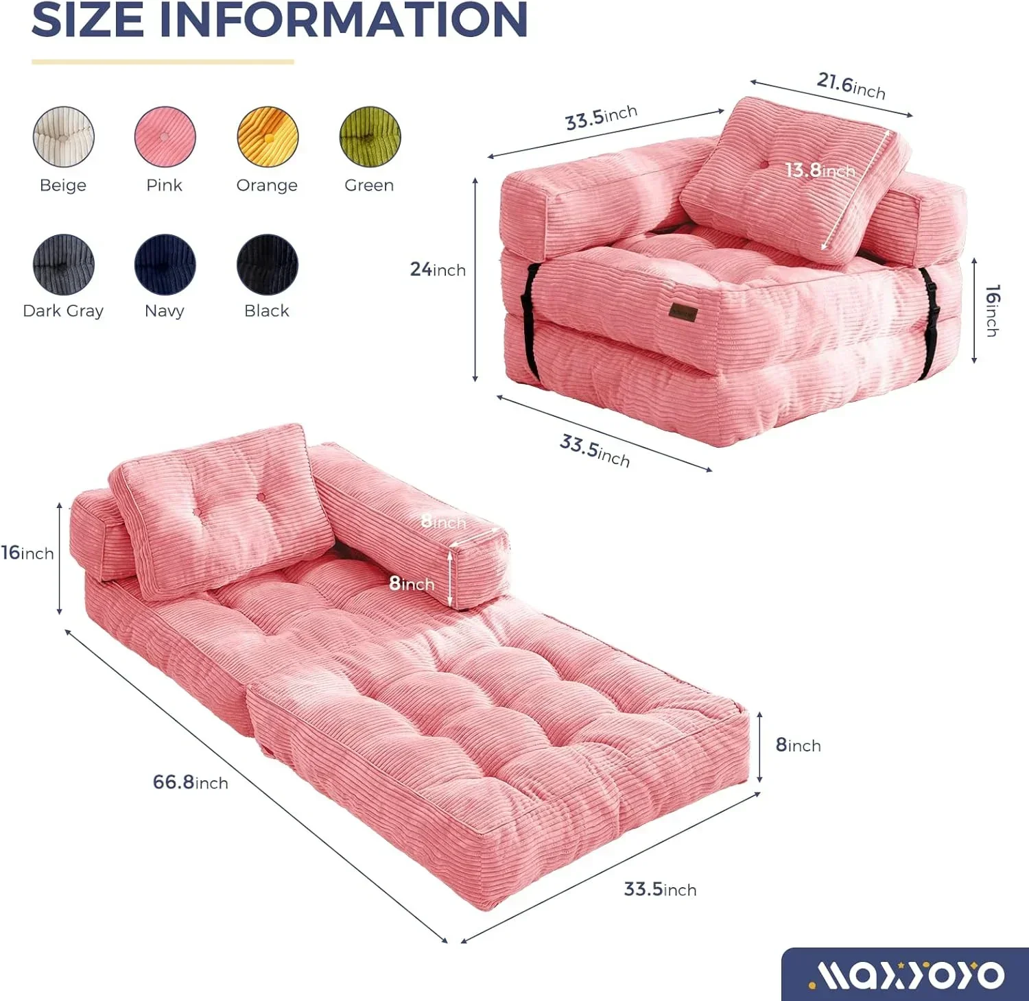Folding Sofa Bed L-Shaped Convertible Sofa Bed with Armrests and Pillows