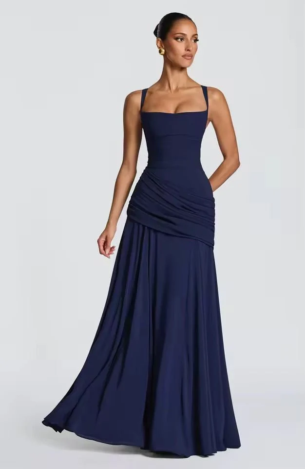 Maxikleid Damen f��r Hochzeitsg?ste | Elegantes Viskose Kleid mit Raffung und Herzausschnitt | Bodenlanges Abendkleid