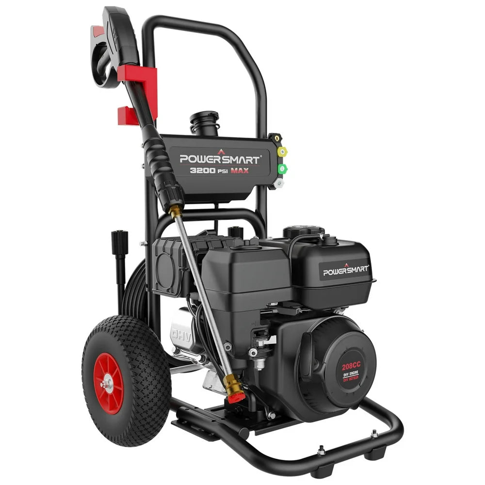 PowerSmart 3200PSI Gas Pressure Washer, 208cc Engine, 5 Nozzles, Soap Tank, 25ft Hose, Portable, CARB Compliant